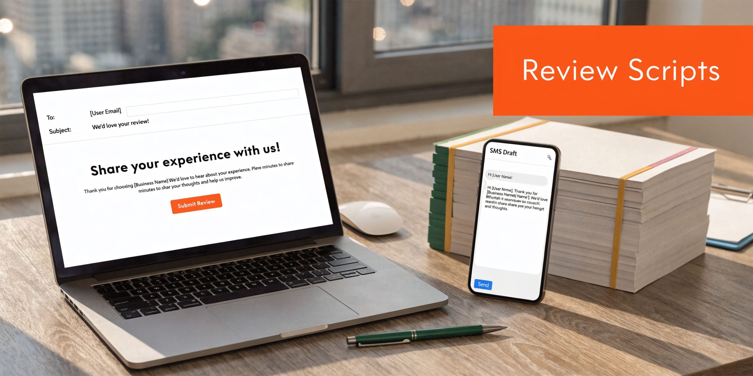 A laptop and smartphone displaying email and SMS templates for requesting customer reviews from a business.
