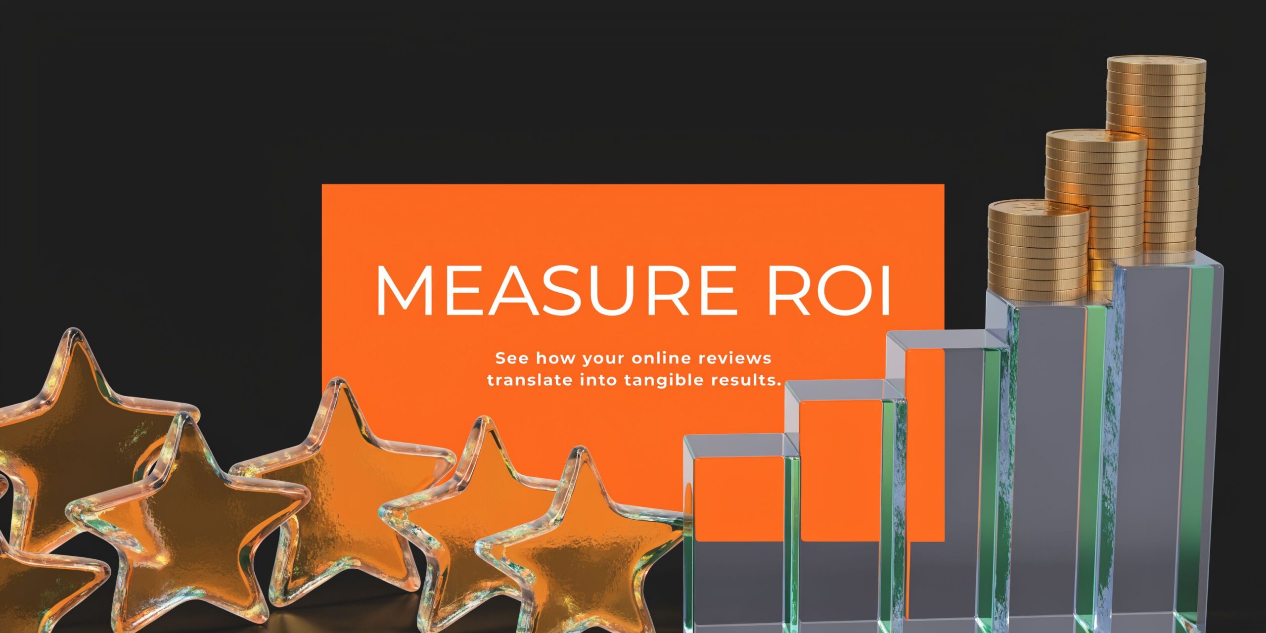 A conceptual graphic representing the ROI of online reviews using gold coins and glass star symbols.