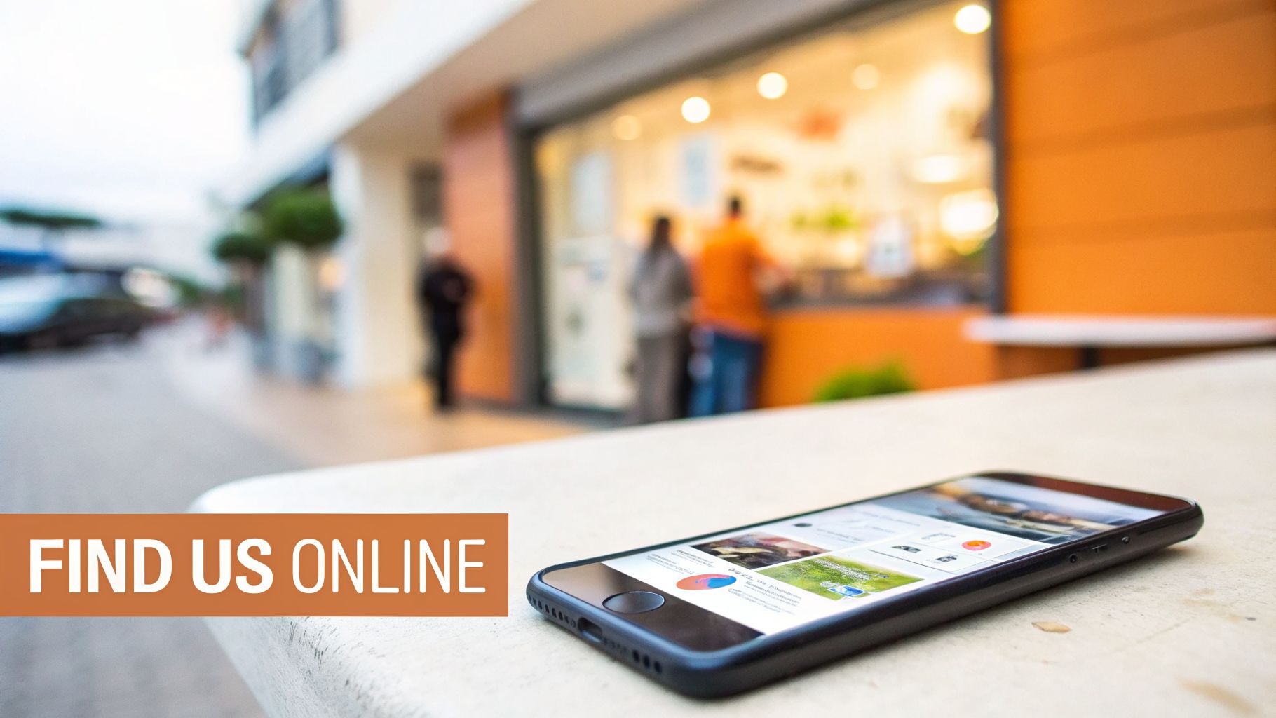 A smartphone showing online content on a table, with a blurred retail store and people in the background, and text “FIND US ONLINE”.