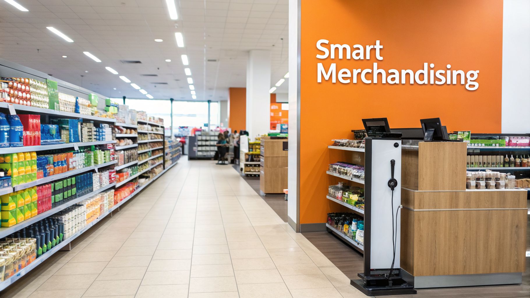 Bright, modern retail store aisle with shelves full of products and a 'Smart Merchandising' display.