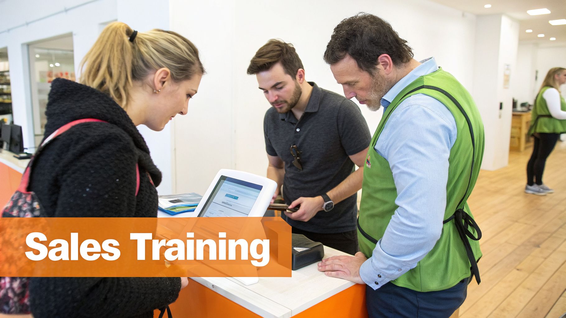 Three individuals, including a sales associate, learning and interacting with a tablet during retail sales training.