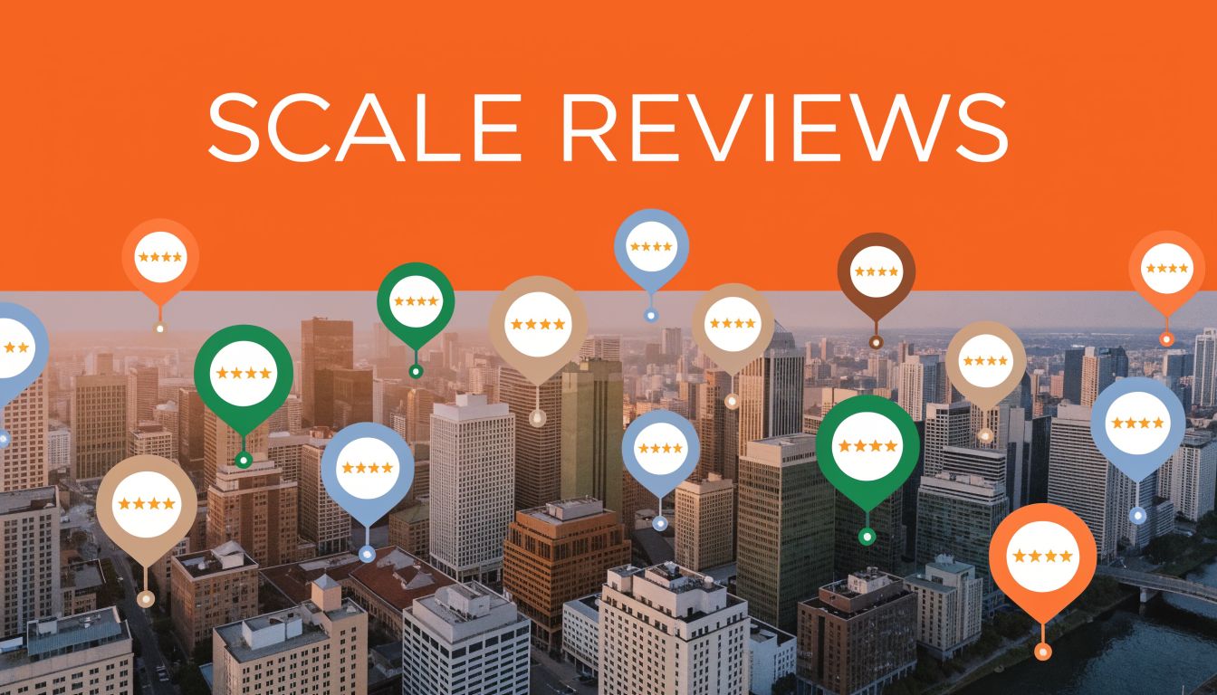 A city skyline background overlaid with various colorful map pins representing four-star customer reviews on digital maps.