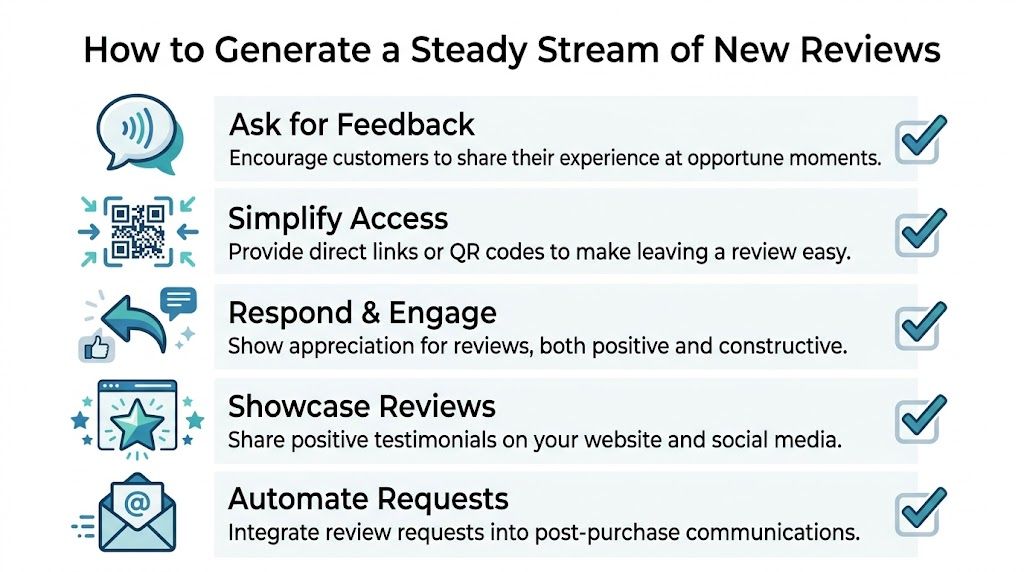 A helpful infographic showing five effective strategies for businesses to generate a steady stream of customer reviews.
