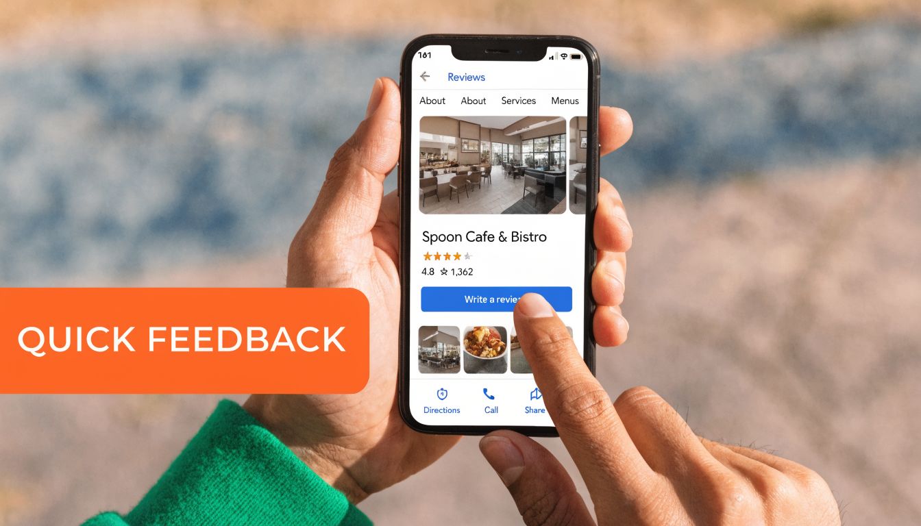 A person using a smartphone to write a Google business review for Spoon Cafe and Bistro.