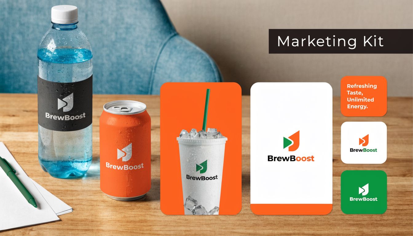 A marketing kit display featuring various BrewBoost branded beverages including a bottle, can, and iced drink cup.