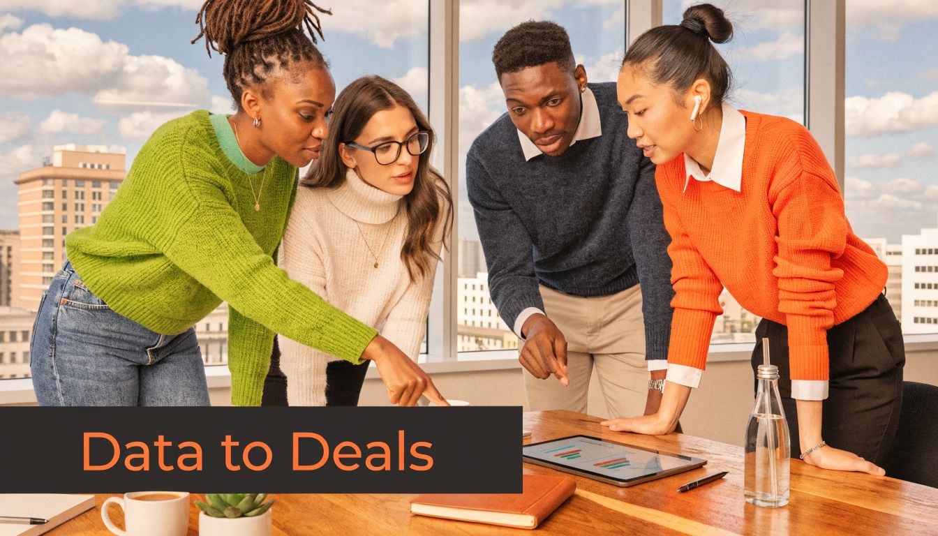 A diverse team of four professionals collaborate around a digital tablet discussing business data in an office.