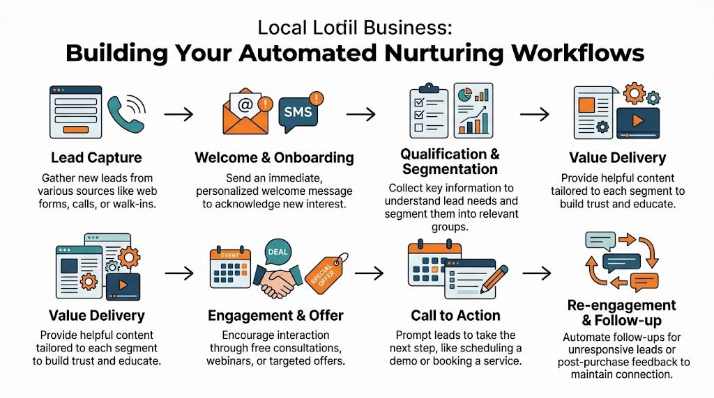 A flowchart diagram illustrating the steps for building an automated lead nurturing workflow for local businesses.