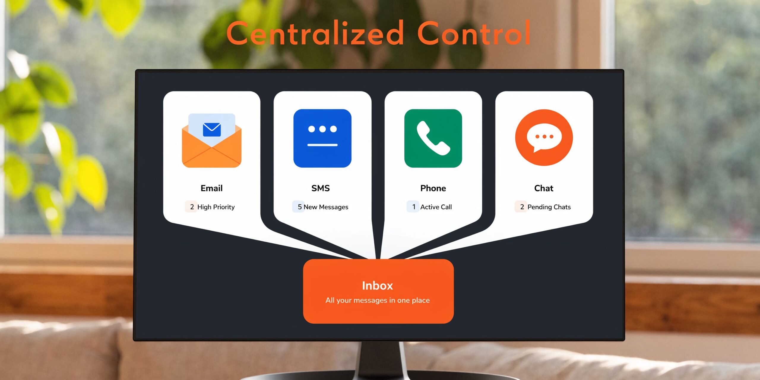 A digital graphic showing email, SMS, phone, and chat messages converging into a single centralized inbox interface.