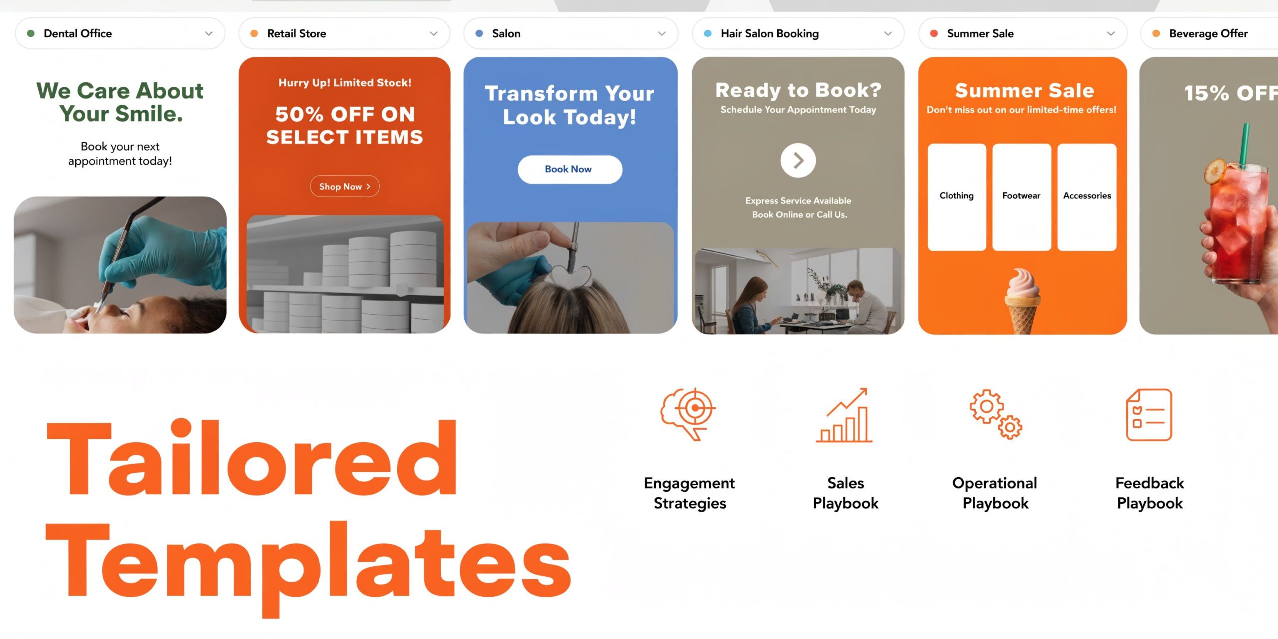 A digital display showcasing various customizable business templates and playbooks for effective multi-channel customer communication strategies.