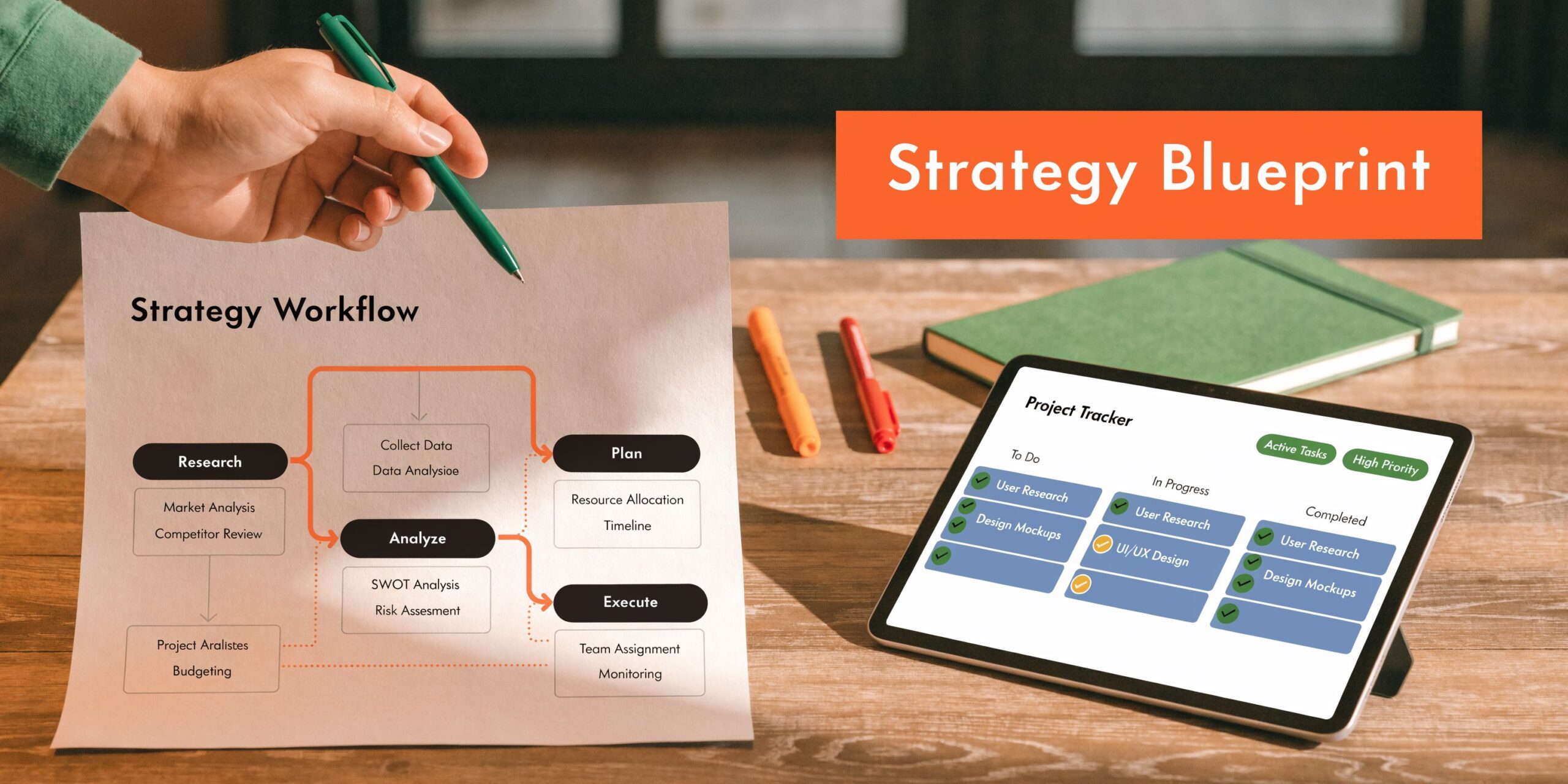 A professional desk workspace featuring a strategy workflow diagram on paper and a tablet showing project tasks.