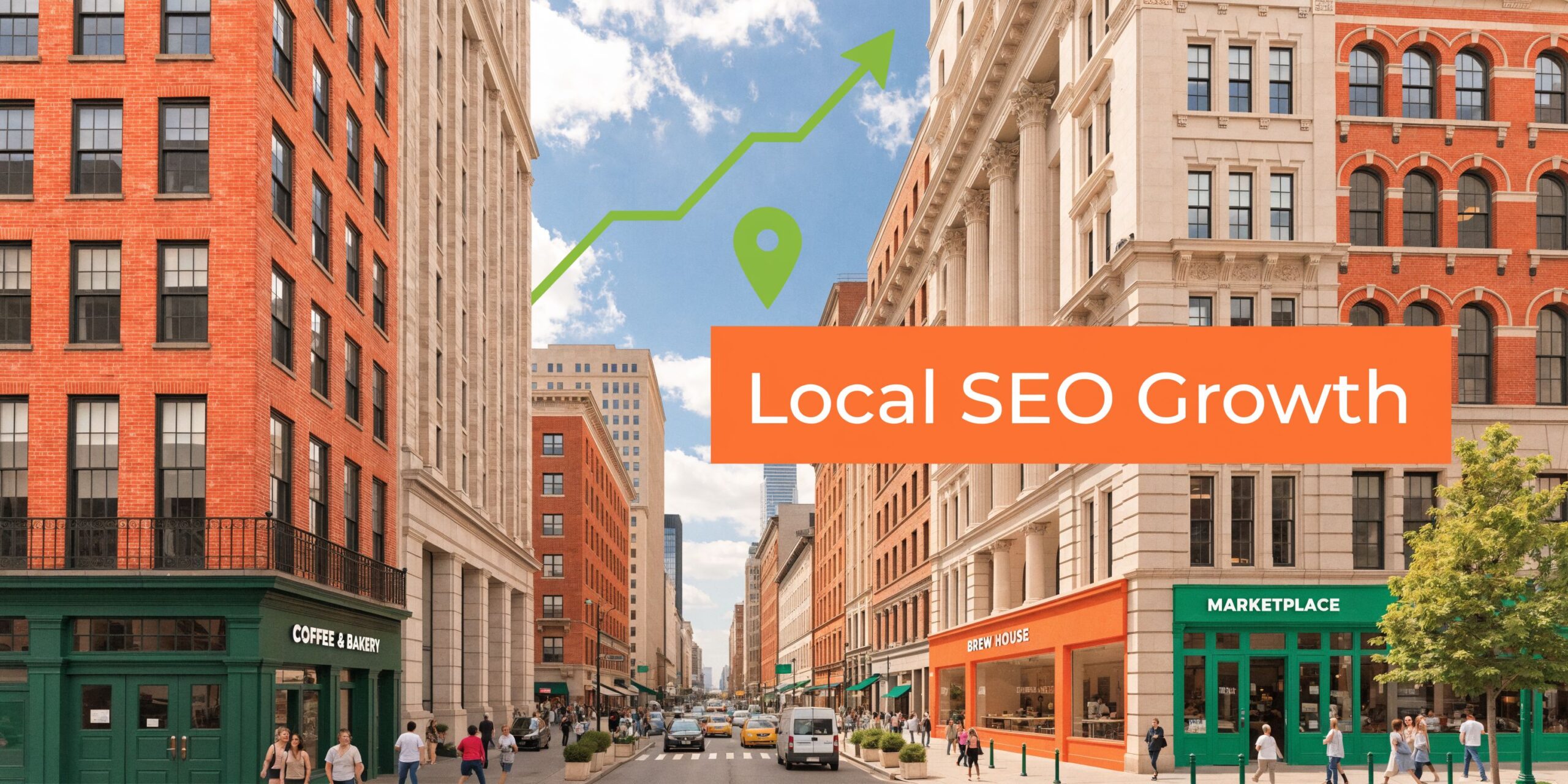 A city street scene with buildings and an overlay of a Local SEO Growth sign.