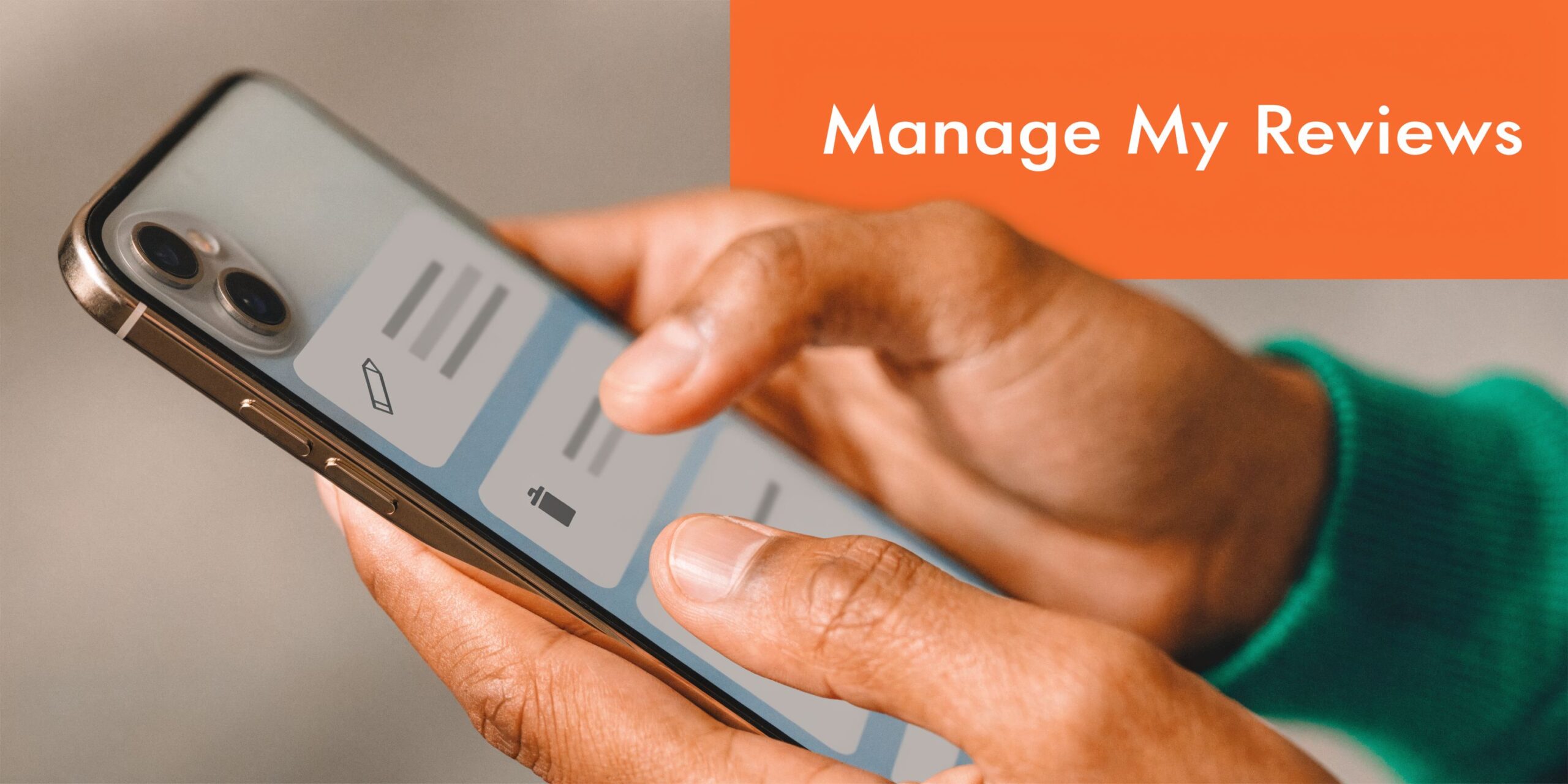 A close-up of hands using a smartphone to manage business reviews on a mobile app interface.