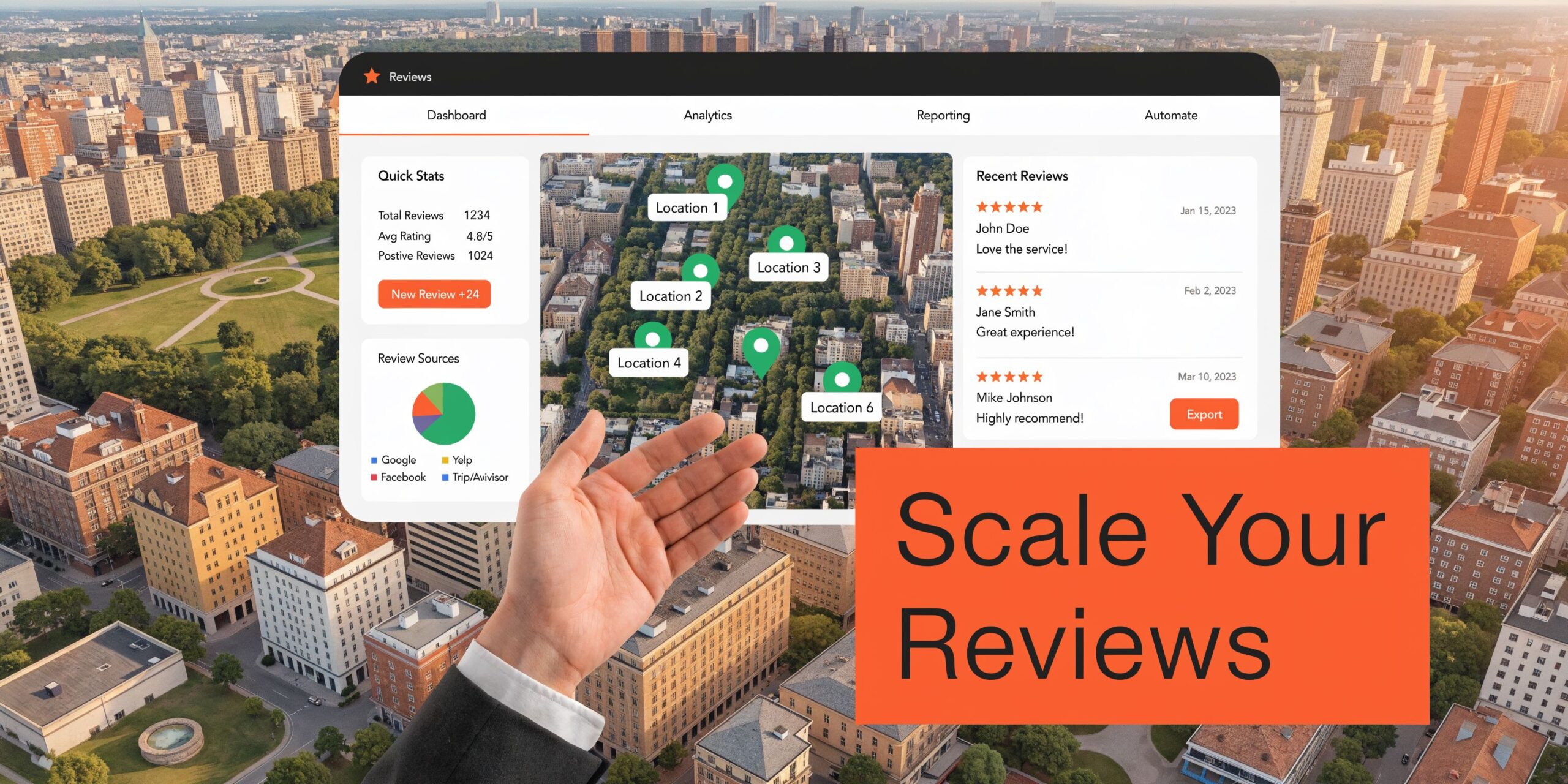 A professional dashboard displays business reviews data on a city background with a hand gesturing towards it.