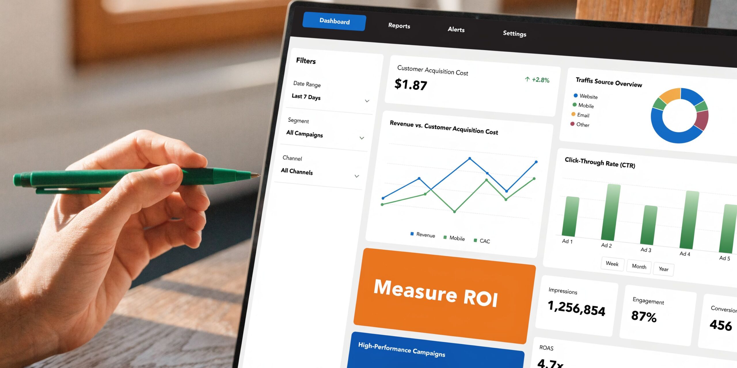 A hand holding a green pen points at a digital dashboard displaying marketing analytics and metrics.