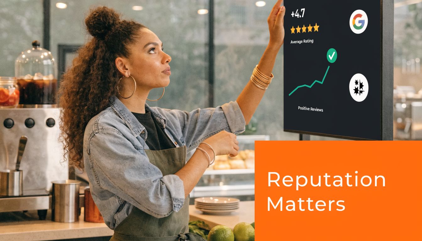 A female barista working in a coffee shop next to a display showing positive online review trends.