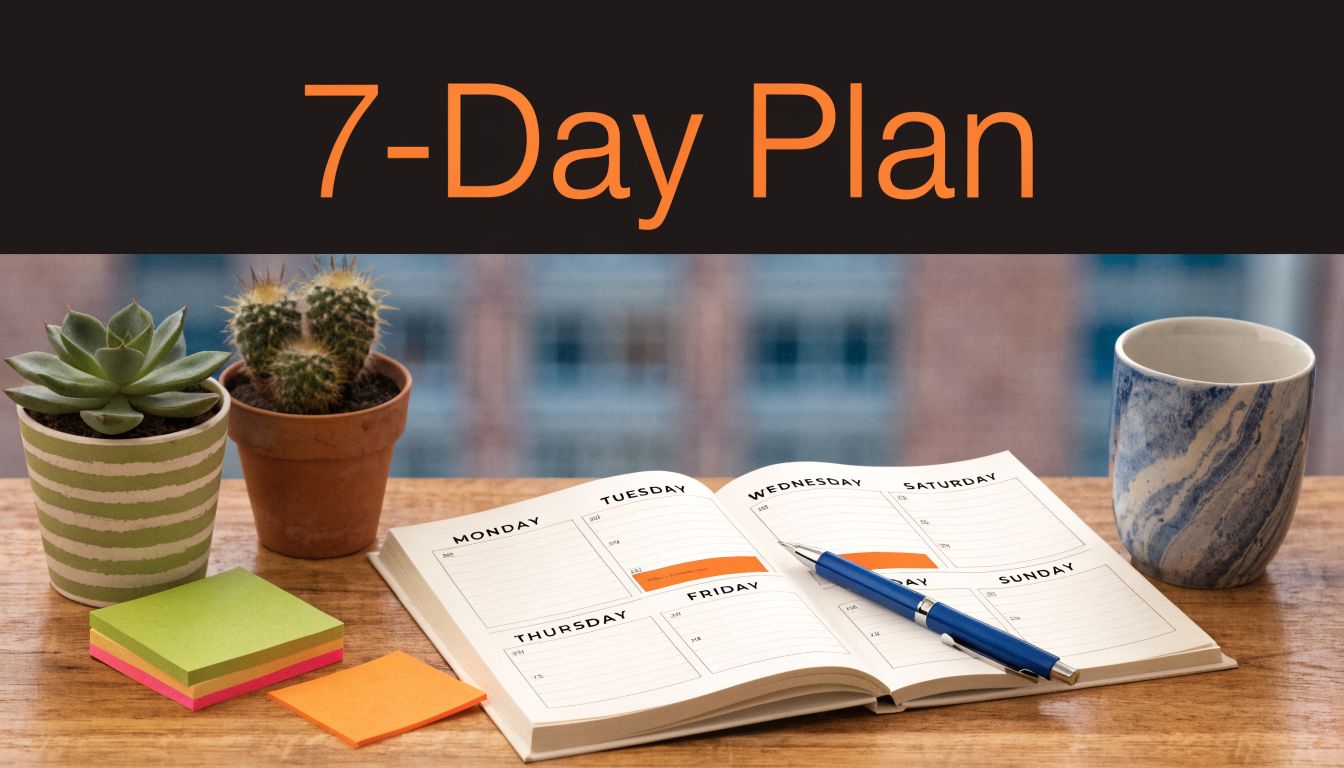 A 7-day planner on a wooden desk with a succulent, a cactus, and a blue pen.