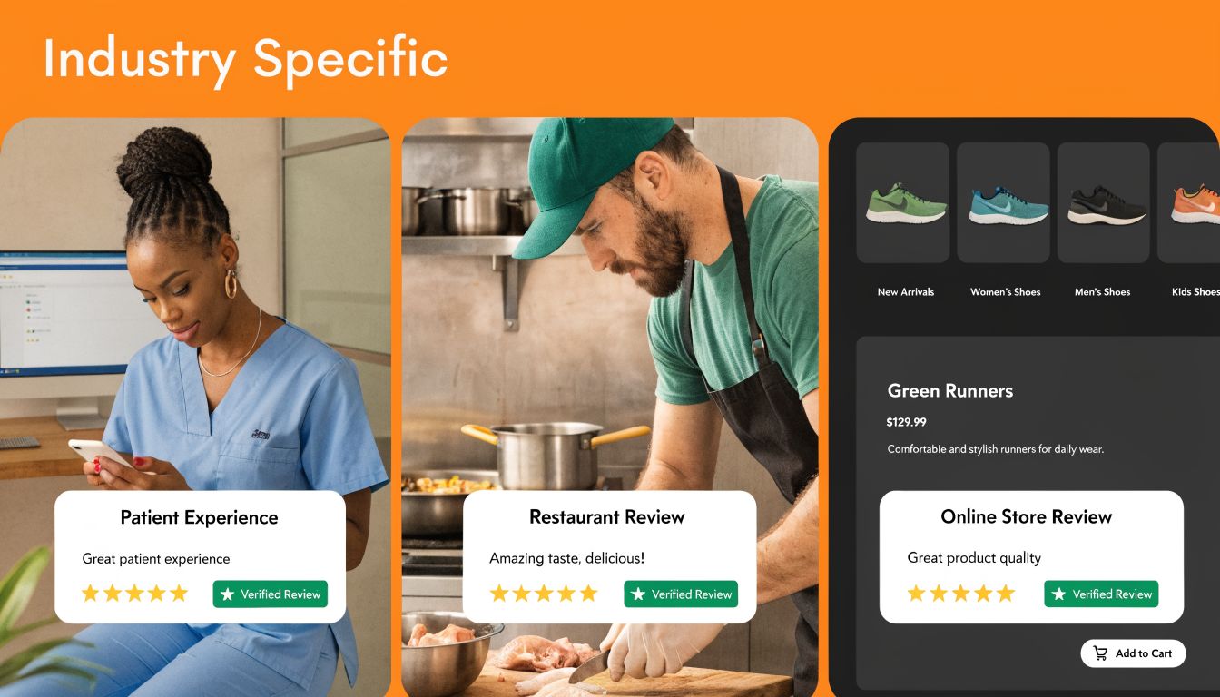 Visual examples of industry-specific online reviews for healthcare, restaurant, and e-commerce businesses on a digital dashboard.