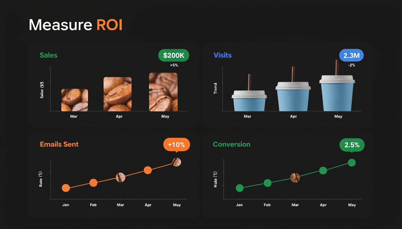 A marketing performance dashboard displaying four business metric charts showing sales, visits, emails sent, and conversion rates.
