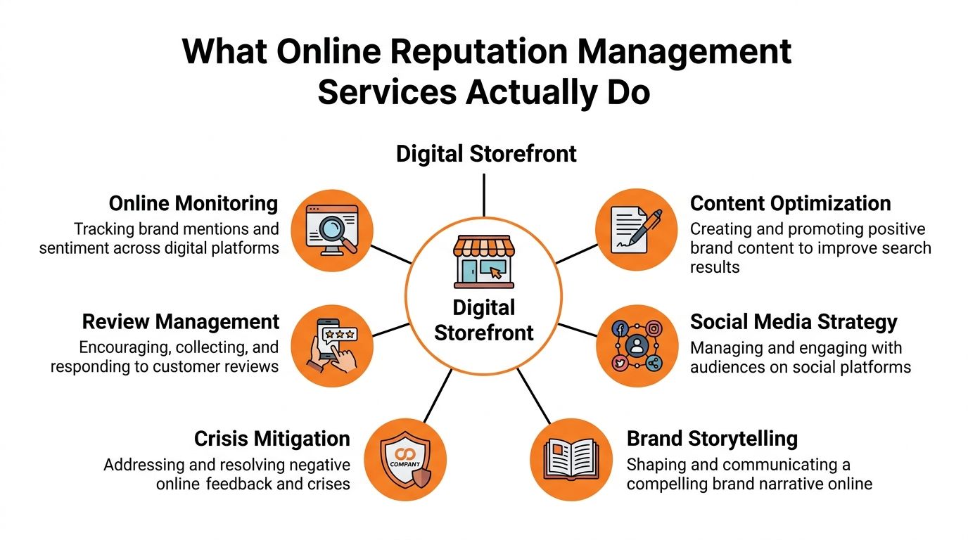 A diagram illustrating the six key components of online reputation management services for a digital business.