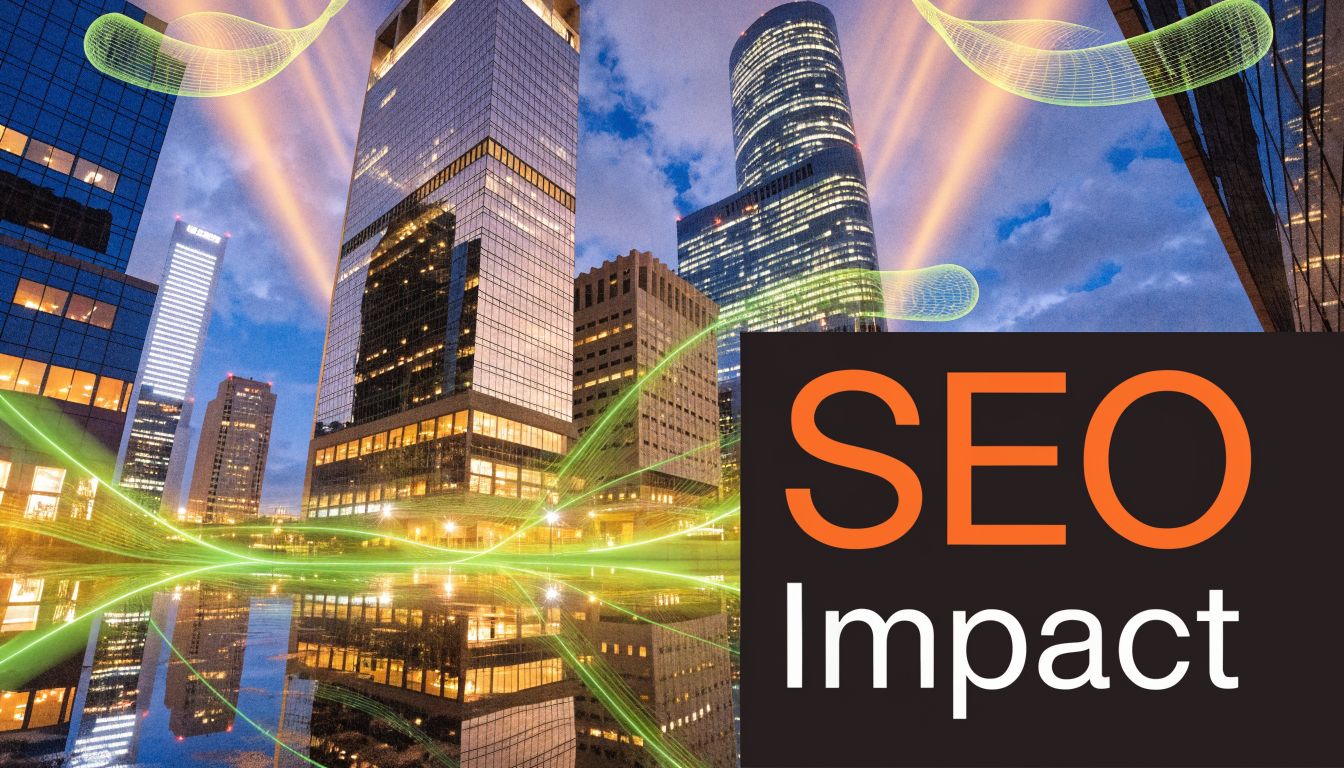 A modern cityscape at dusk with an orange SEO Impact overlay indicating digital business growth.