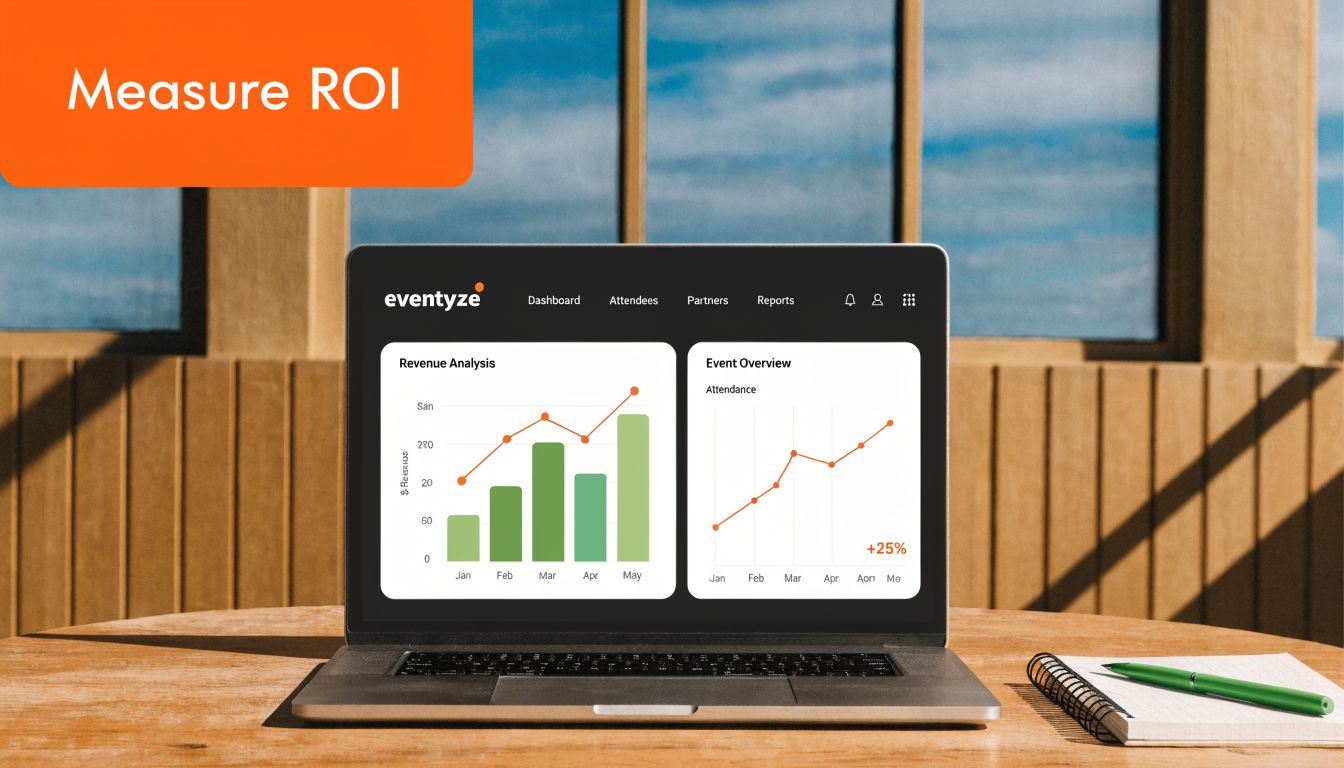 A laptop on a wooden desk displaying an event analytics dashboard for measuring business return on investment.