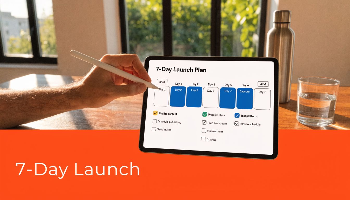 A person using a stylus on a tablet showing a structured 7-day launch plan checklist.