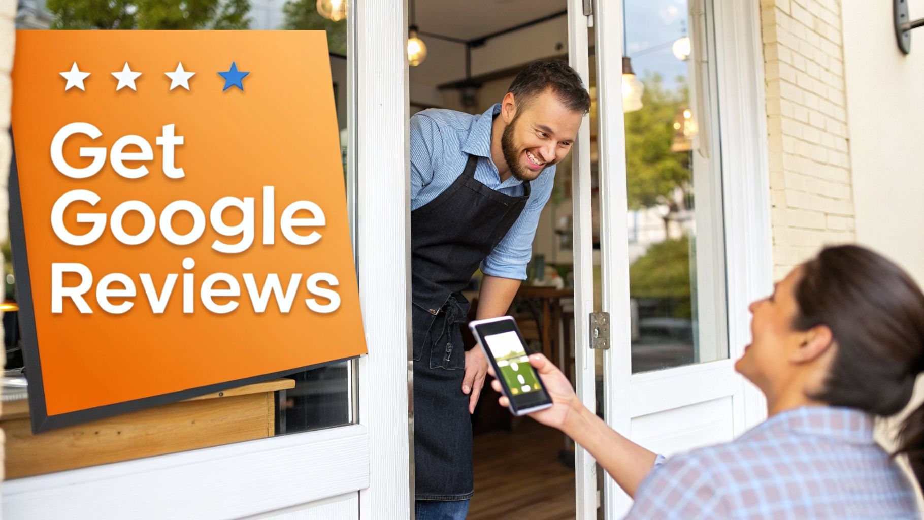 A customer holds a smartphone interacting with a smiling barista, next to a "Get Google Reviews" sign.
