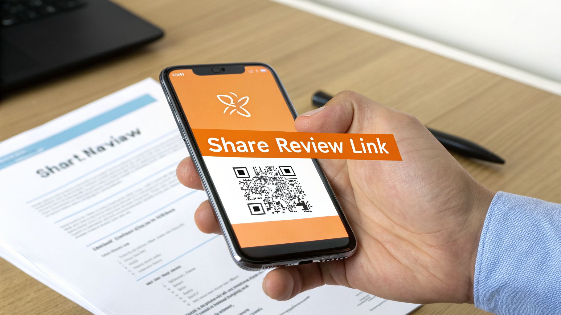 A hand holds a smartphone displaying a QR code and 'Share Review Link' text, on a wooden desk.