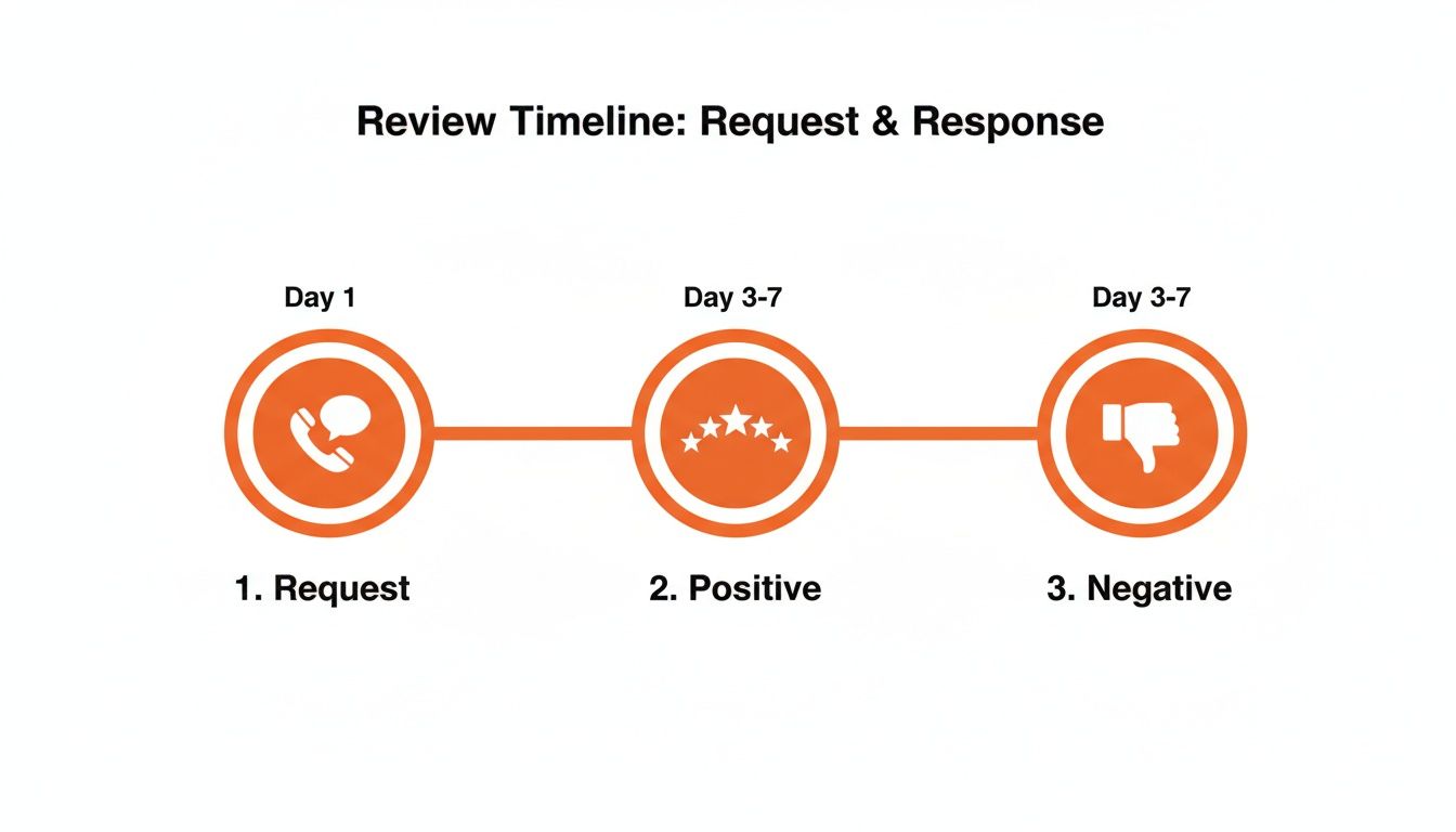 Timeline illustrating the customer review process from initial request to positive or negative response.