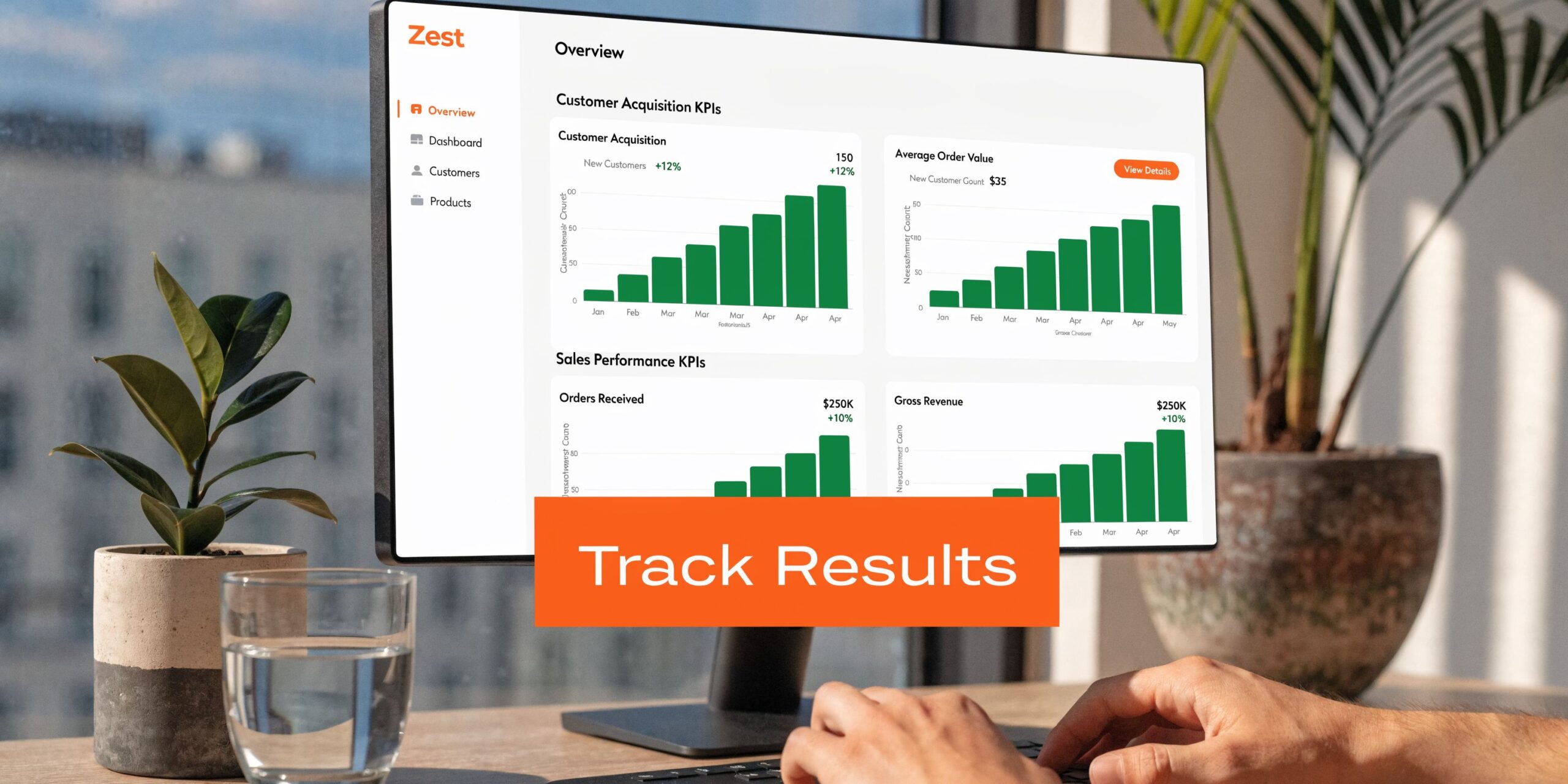 A person working on a laptop displaying a business analytics dashboard with various charts and metrics