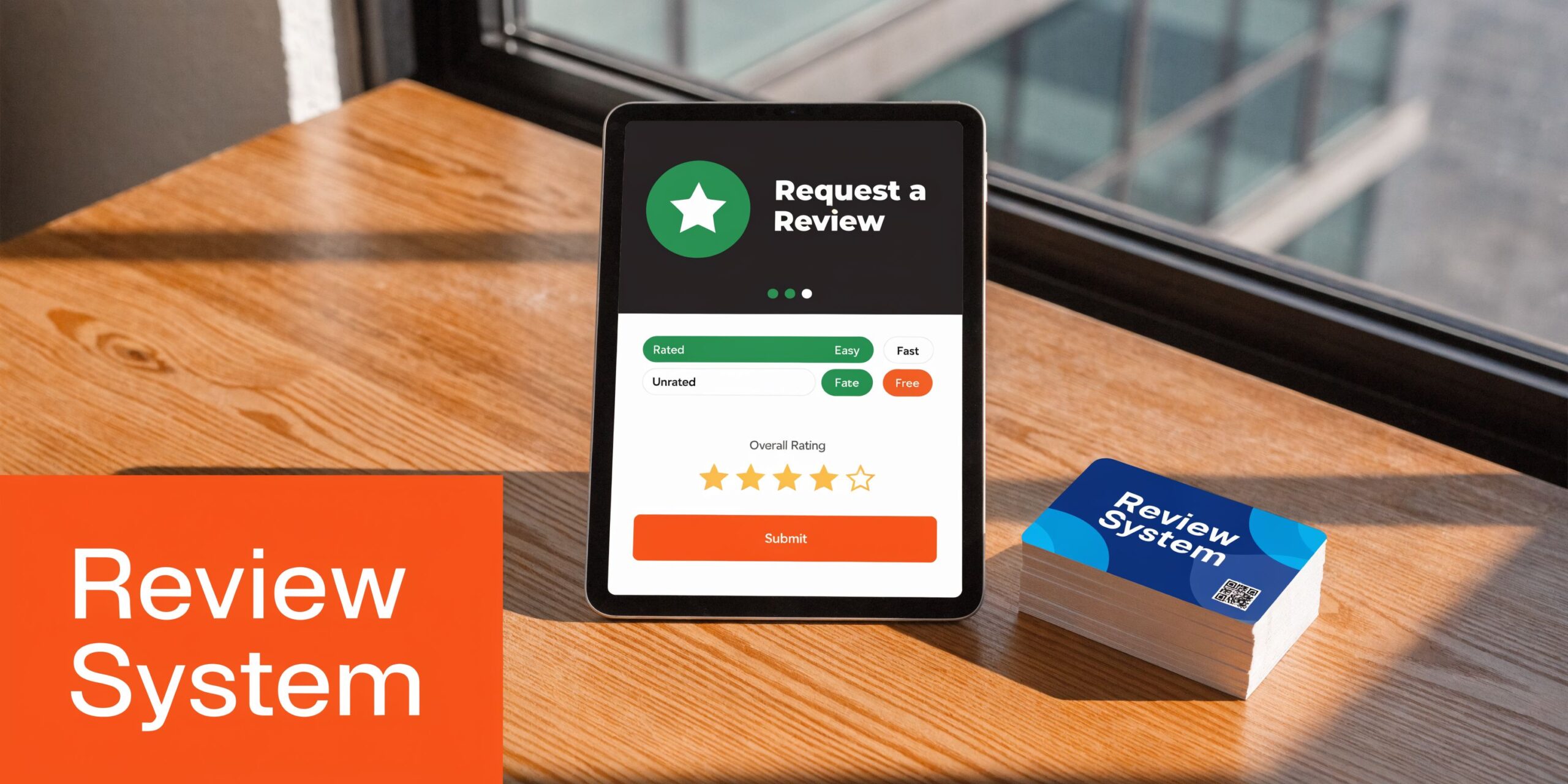 A digital tablet displaying a review form next to a stack of business cards on a wooden table.