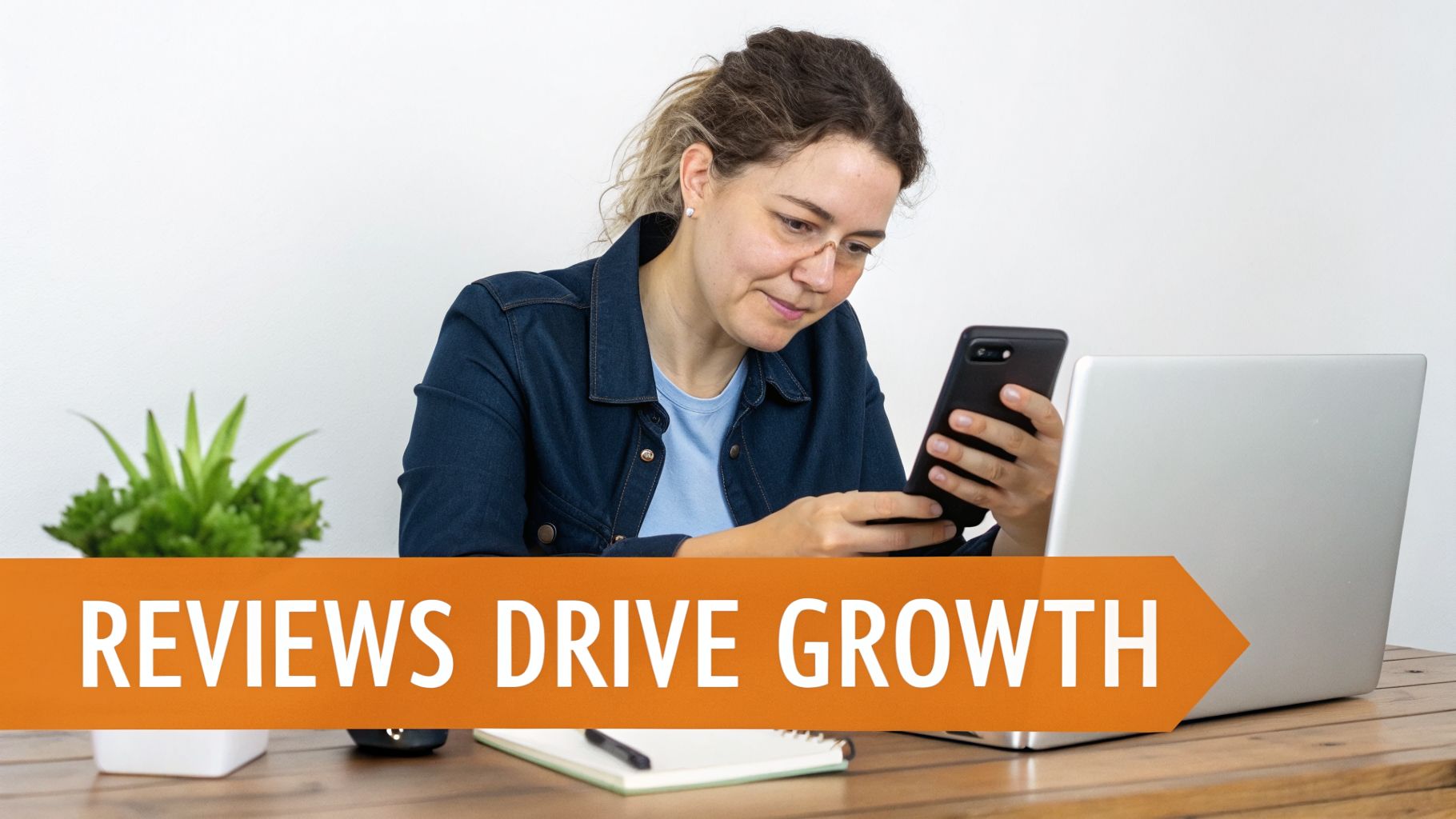 A woman reviews her smartphone at a desk with a laptop and plant, promoting 'Reviews Drive Growth'.
