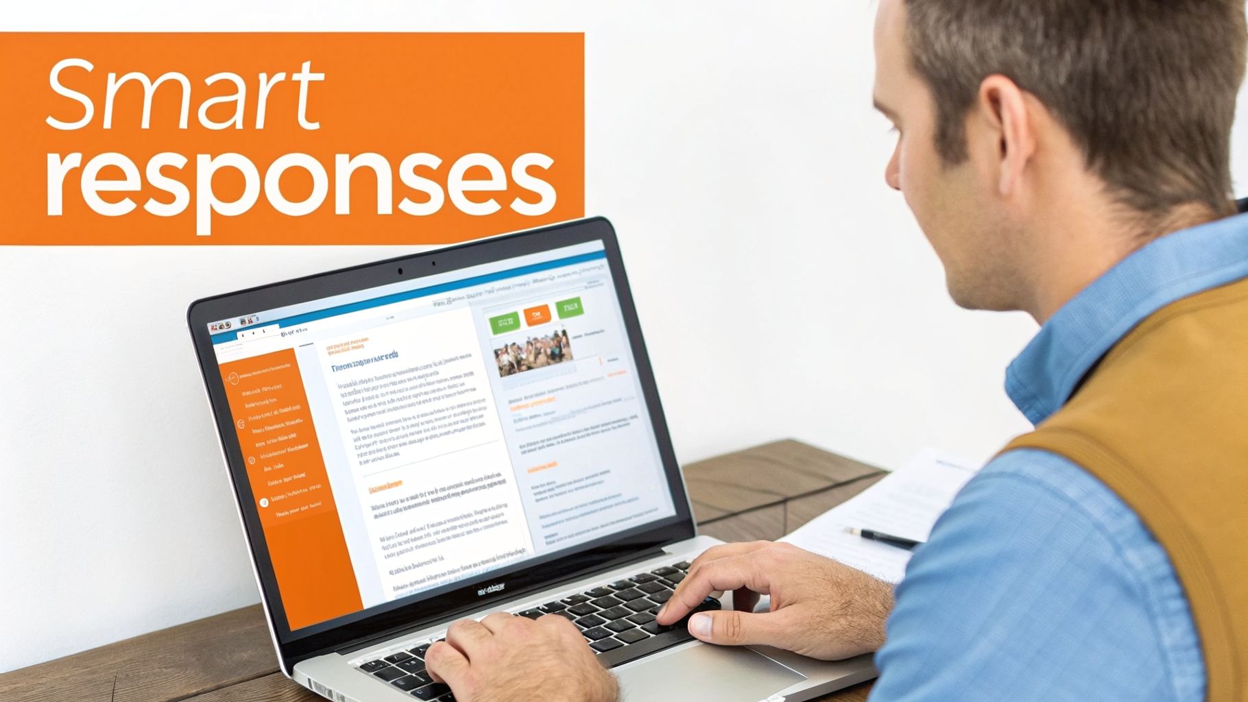 A man from behind typing on a laptop, with a screen displaying business reviews and smart responses.