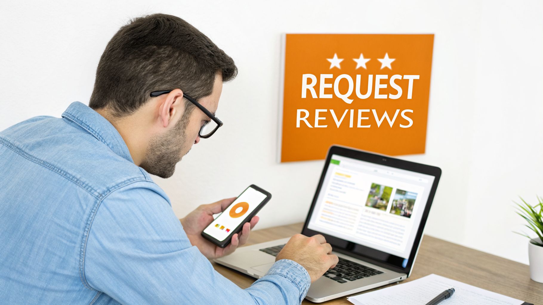 Man managing customer reviews using a laptop and smartphone, with a 'REQUEST REVIEWS' sign.