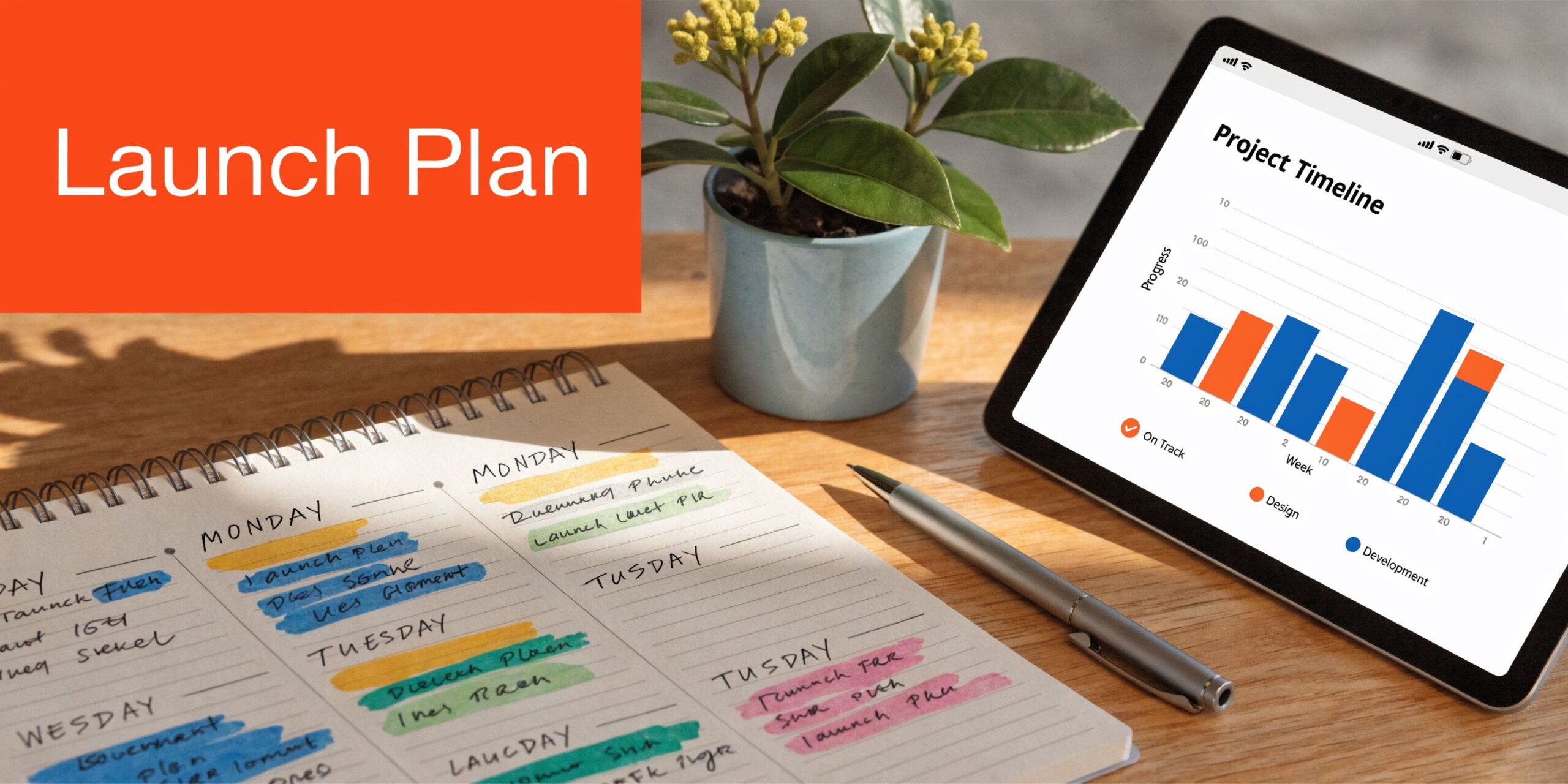 A digital tablet displaying a project timeline graph next to a handwritten calendar and a pen on a desk.