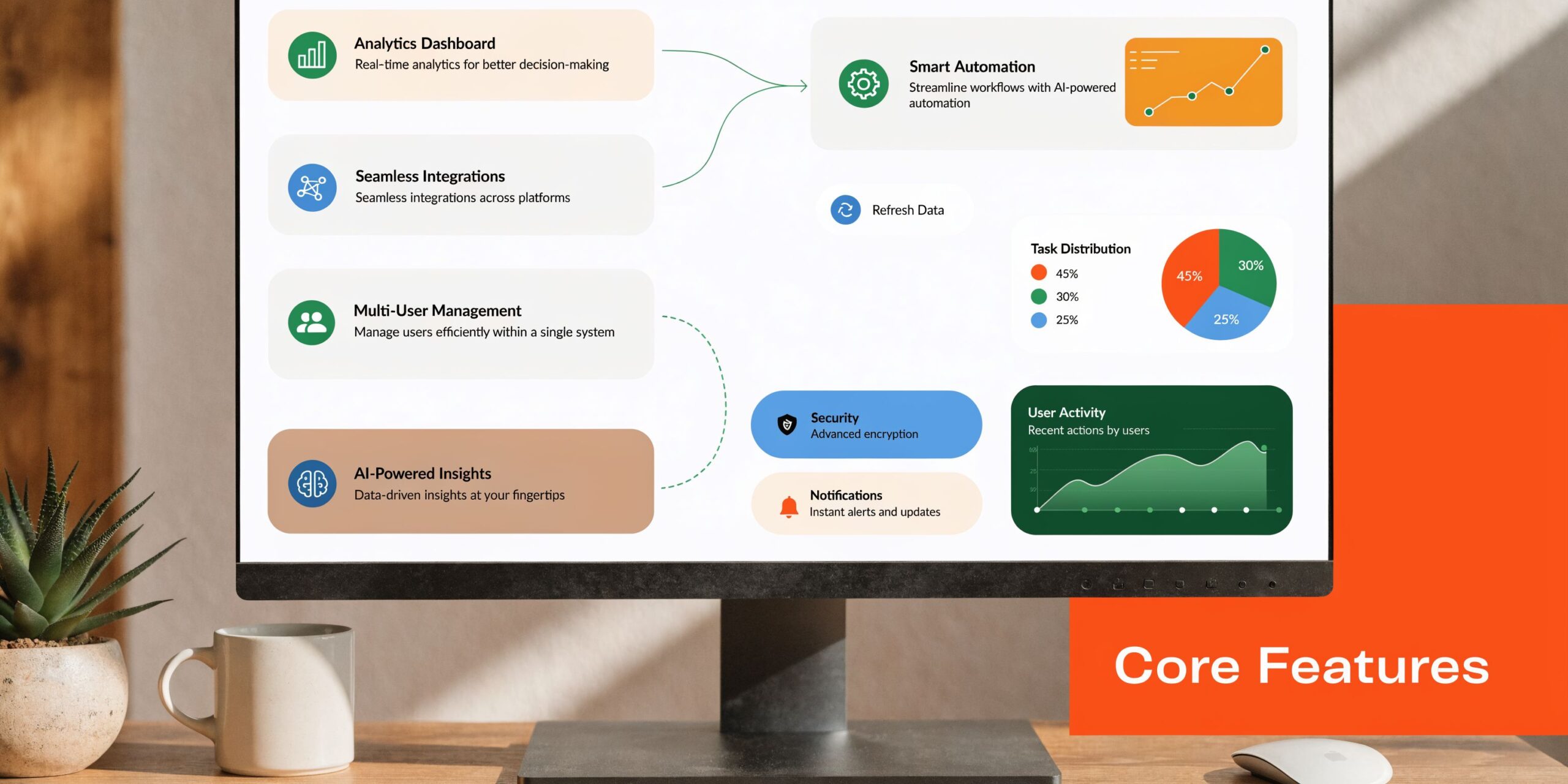 A computer monitor displaying a graphic presentation showing various business management software features and dashboard analytics.