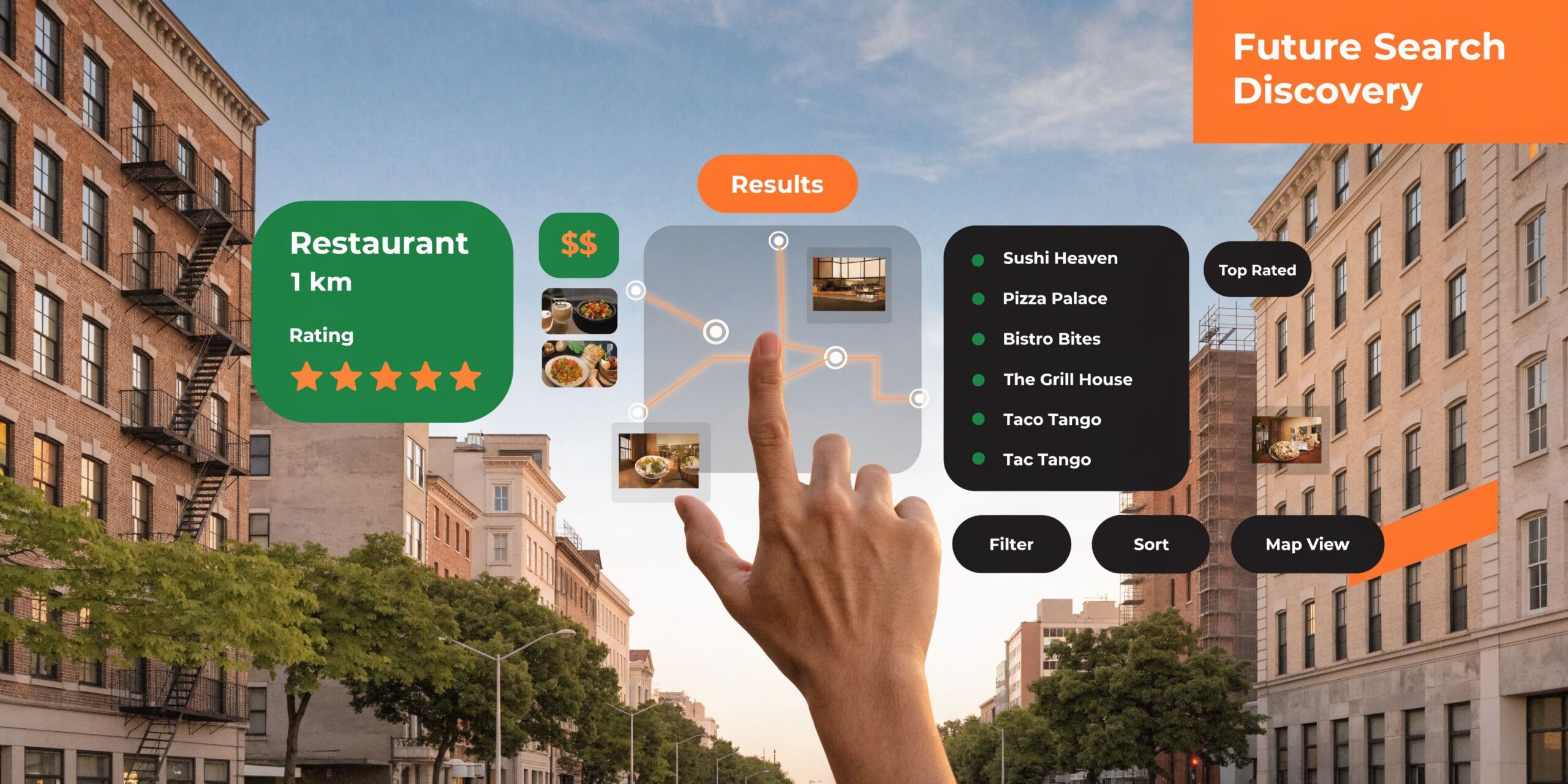 A conceptual digital interface showing augmented reality restaurant search results displayed over a city street view.