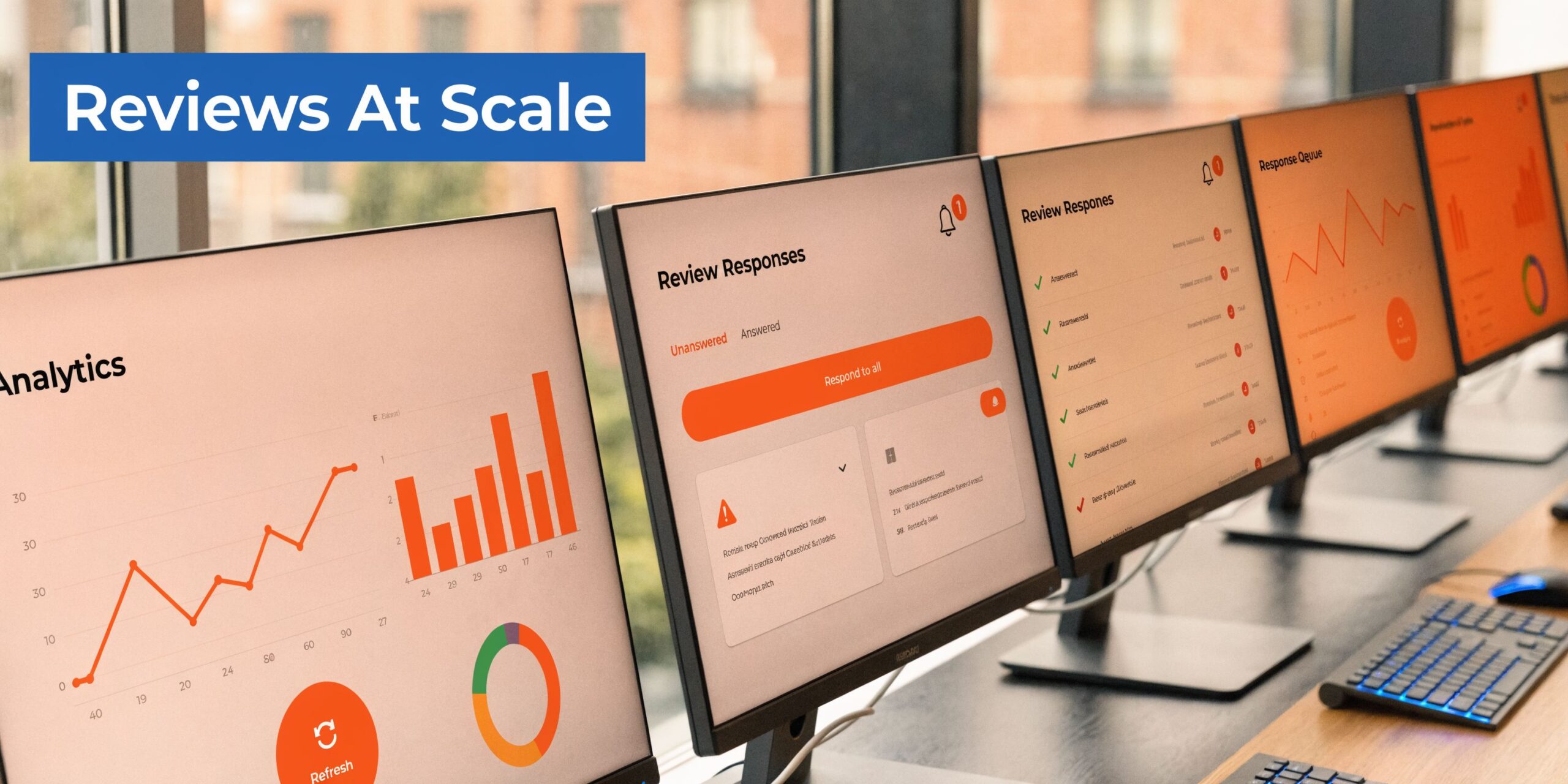 Multiple computer monitors displaying analytics dashboards for managing and responding to customer reviews at scale.
