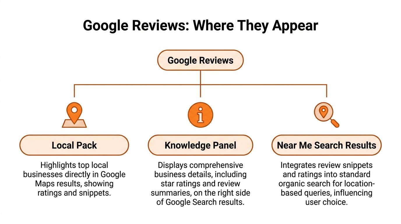 A flowchart diagram showing the three locations where Google reviews appear: Local Pack, Knowledge Panel, and Near Me Search Results.