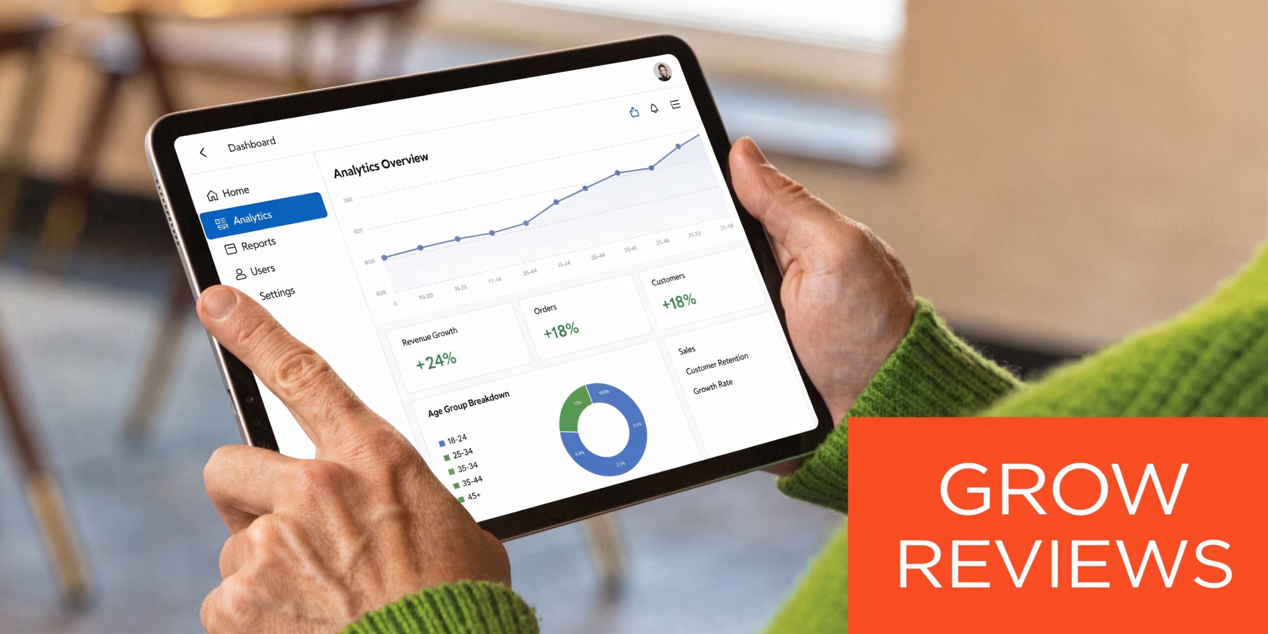 A person viewing business analytics and data charts on a digital tablet screen.