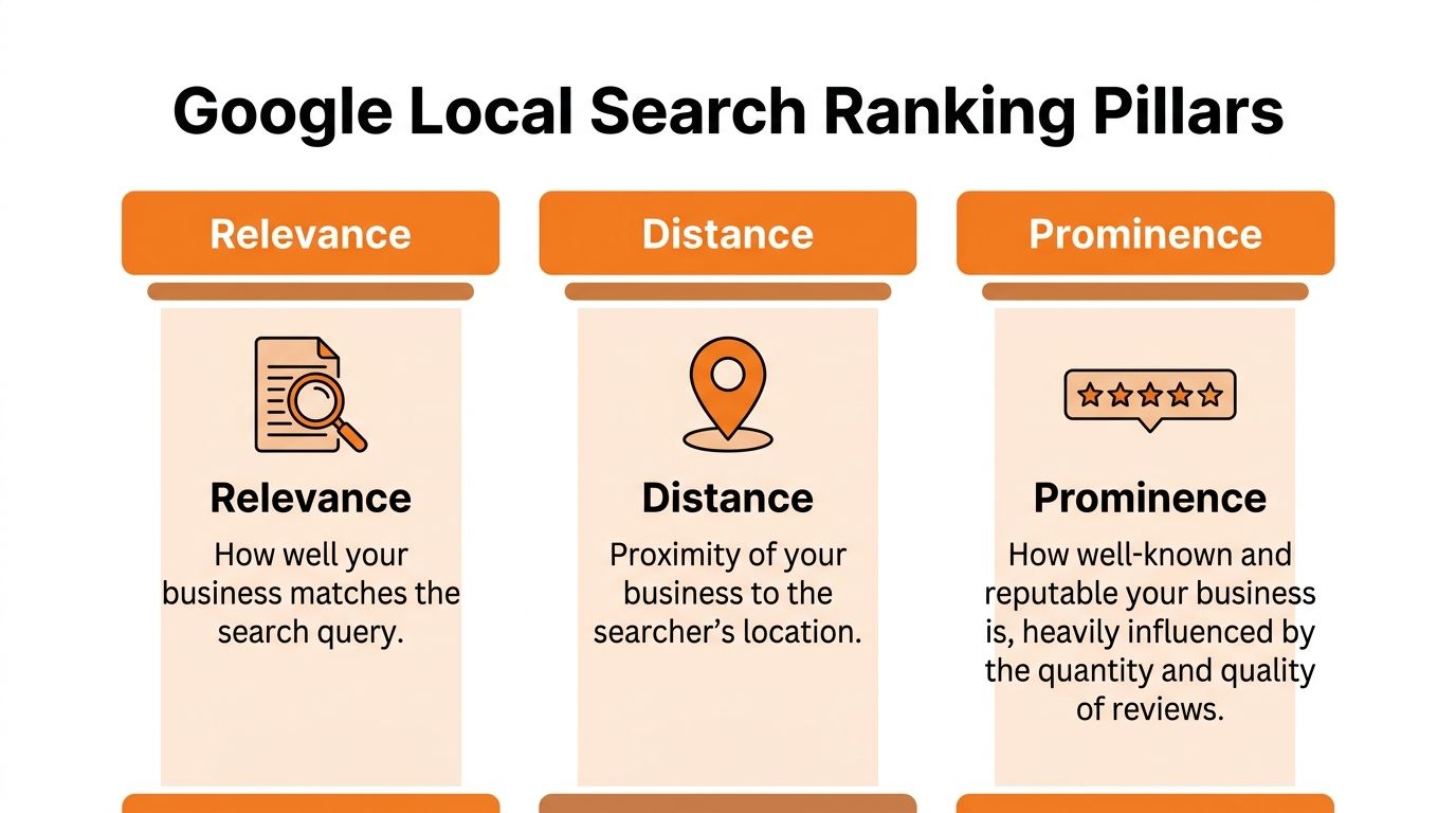 A diagram illustrating the three main pillars of Google local search ranking: relevance, distance, and prominence.