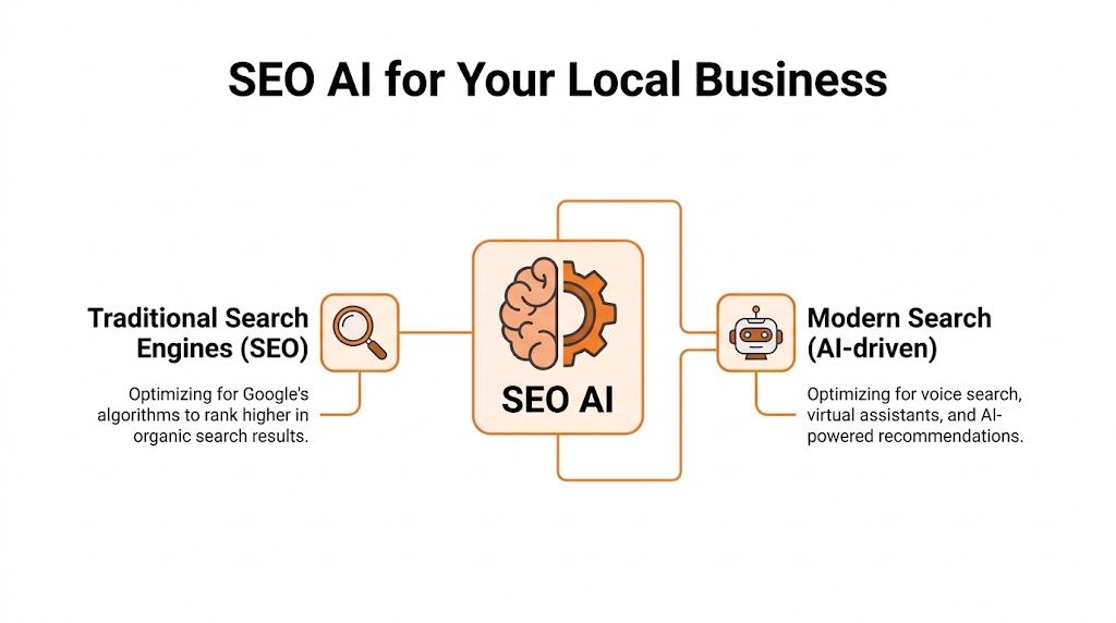 A diagram comparing traditional search engine optimization with modern AI-driven search techniques for local business growth.