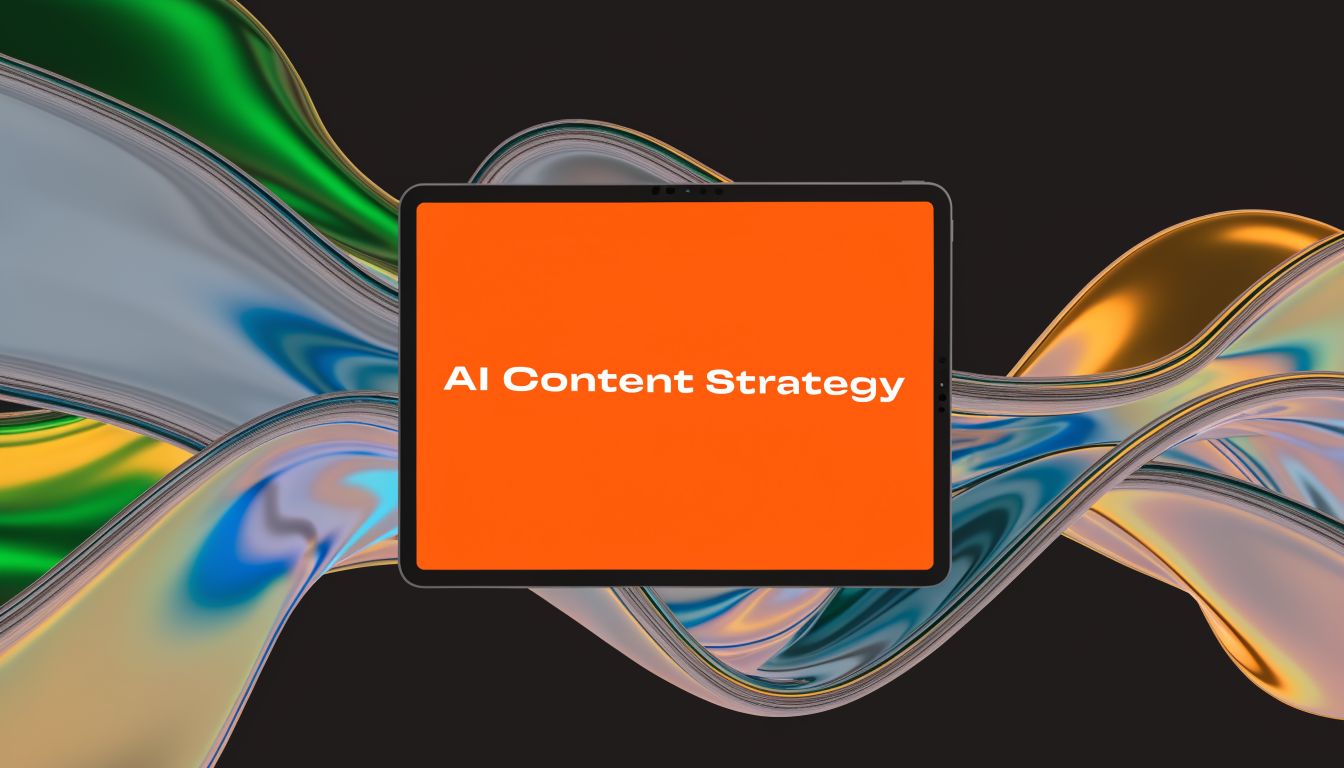 A digital tablet displaying the text AI Content Strategy over a background of abstract flowing colorful waves.