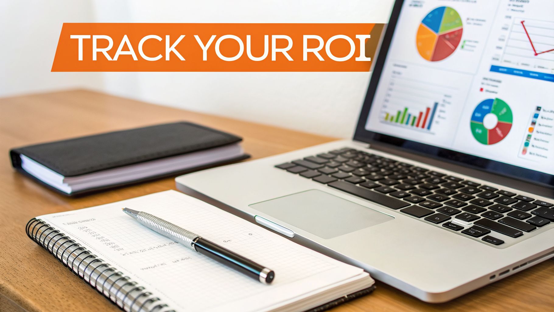 A laptop displaying financial charts and graphs, with a notebook, pen, and 'TRACK YOUR ROI' banner.
