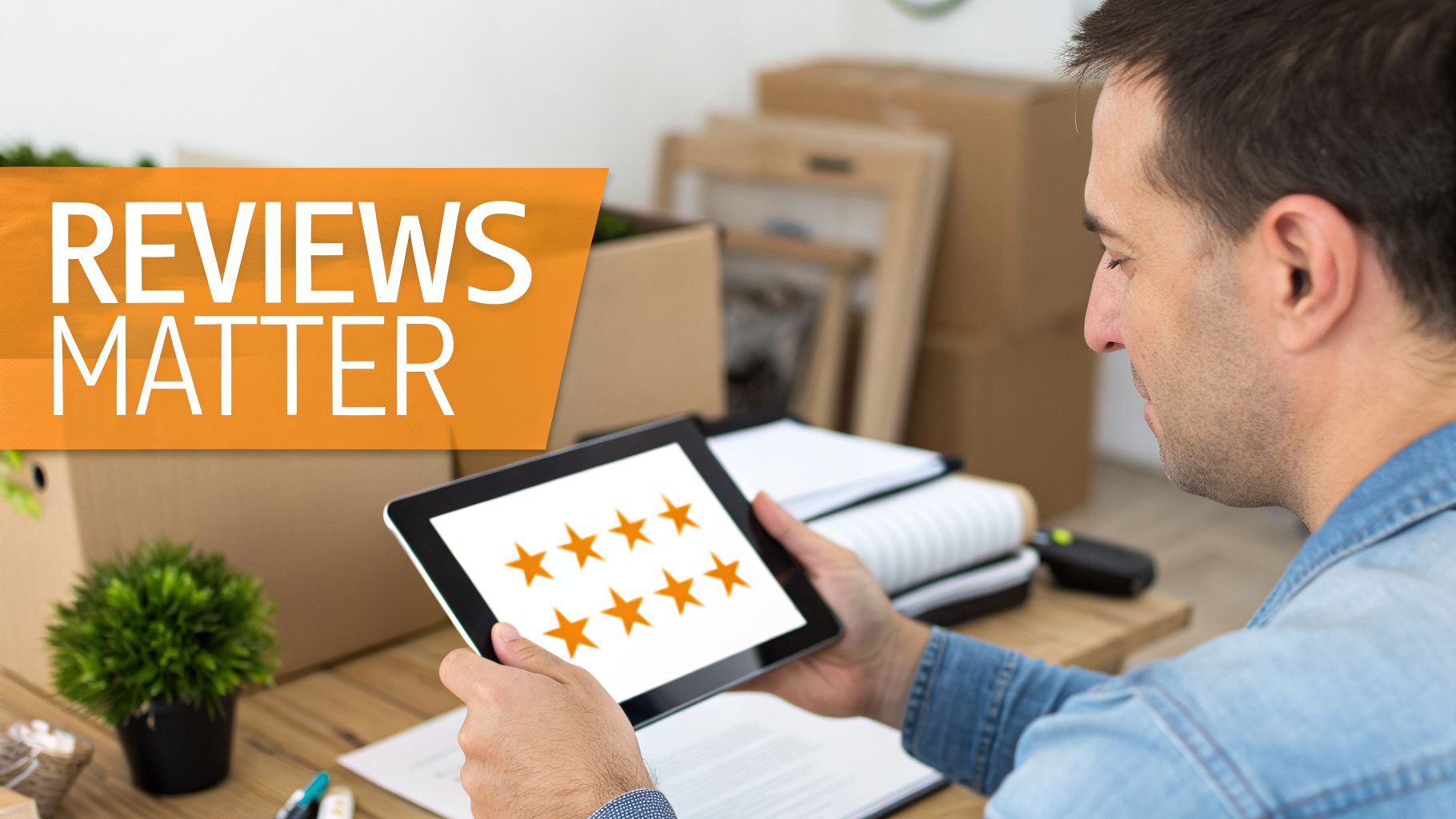 A man holds a tablet displaying six orange stars, highlighting that customer reviews matter.