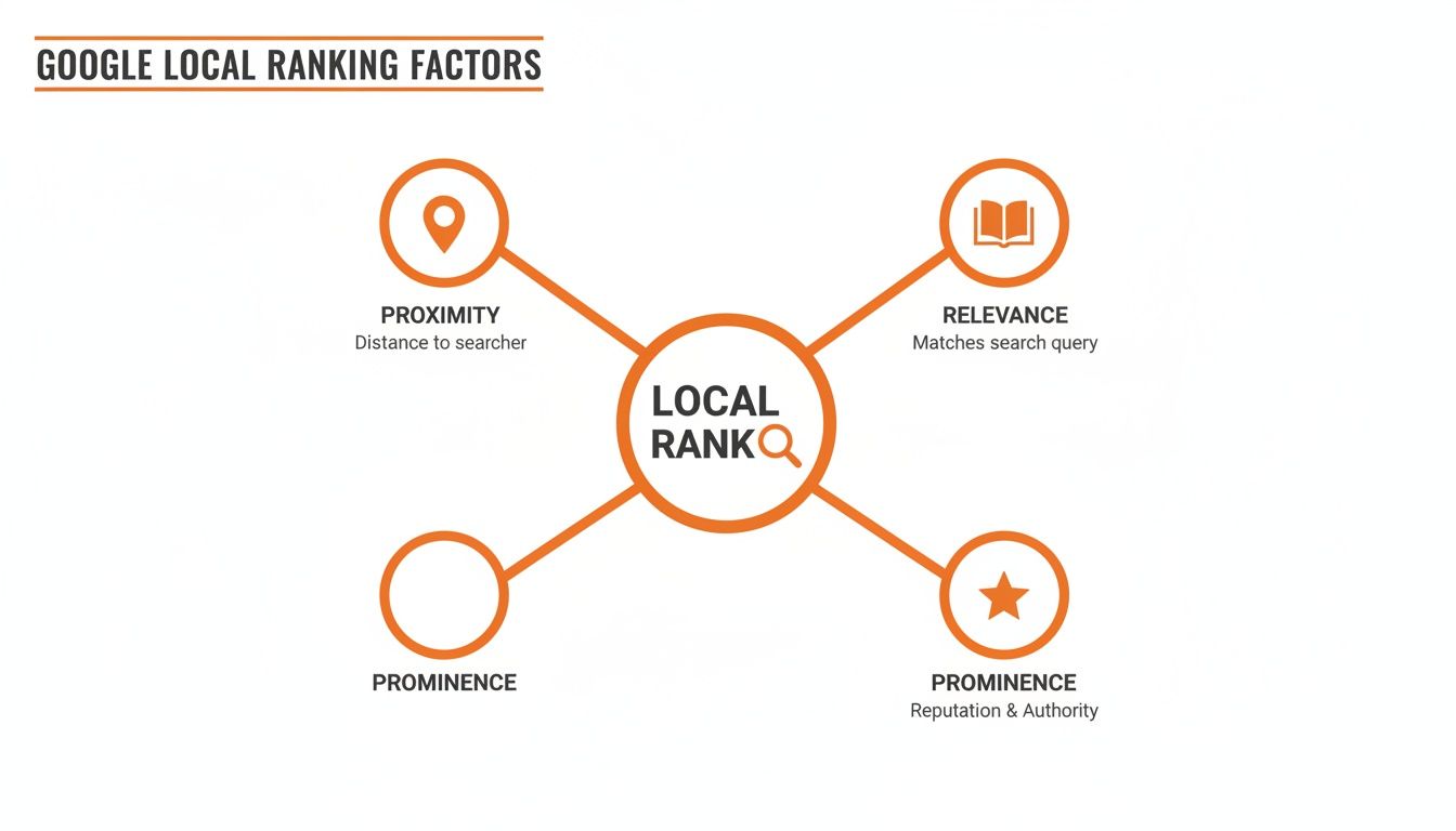 Diagram illustrating Google Local SEO ranking factors: Proximity, Relevance, and Prominence.