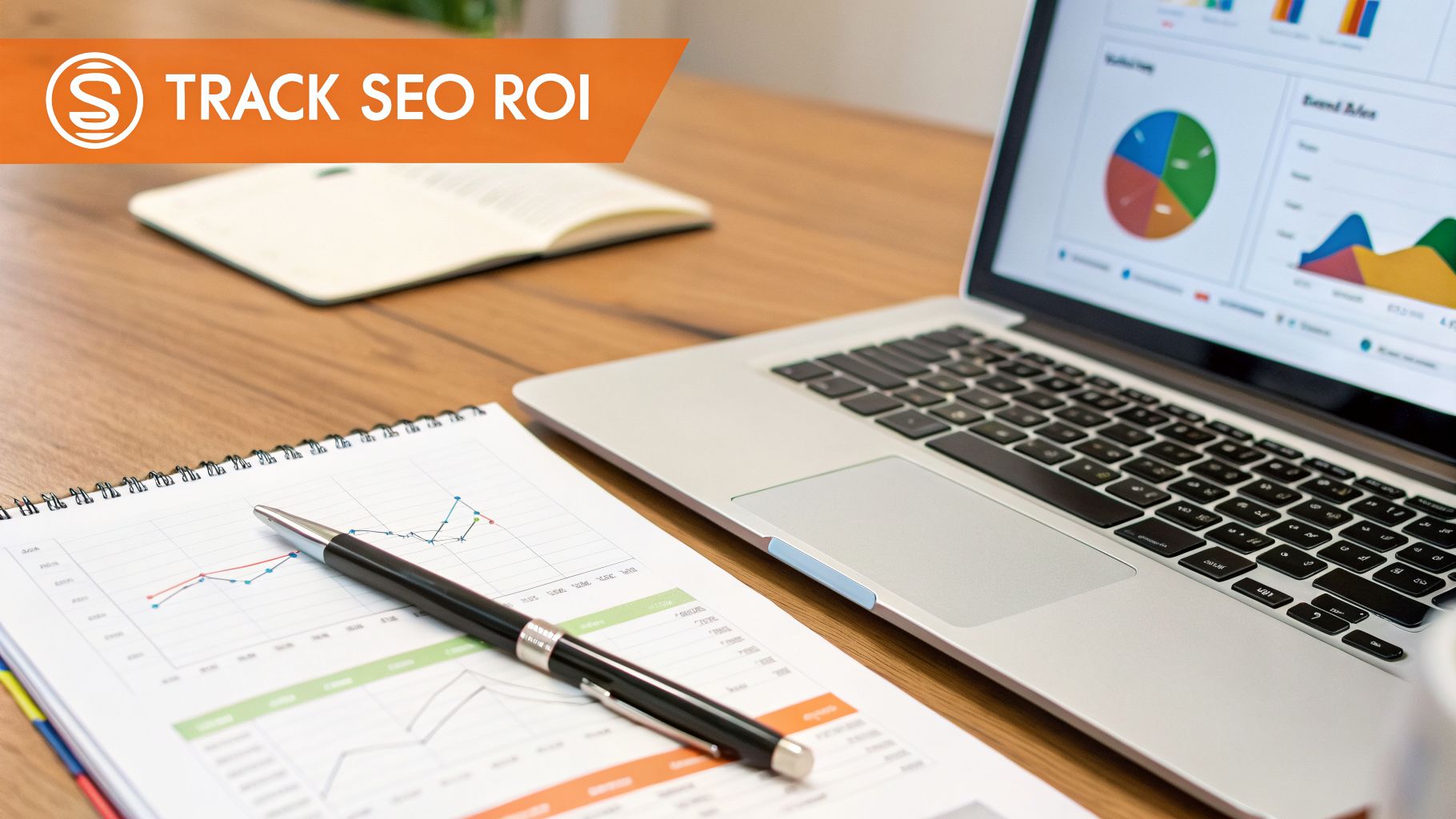 A desk with a laptop displaying various business charts and graphs, a notebook with a pen, and an orange banner stating 'TRACK SEO ROI'.