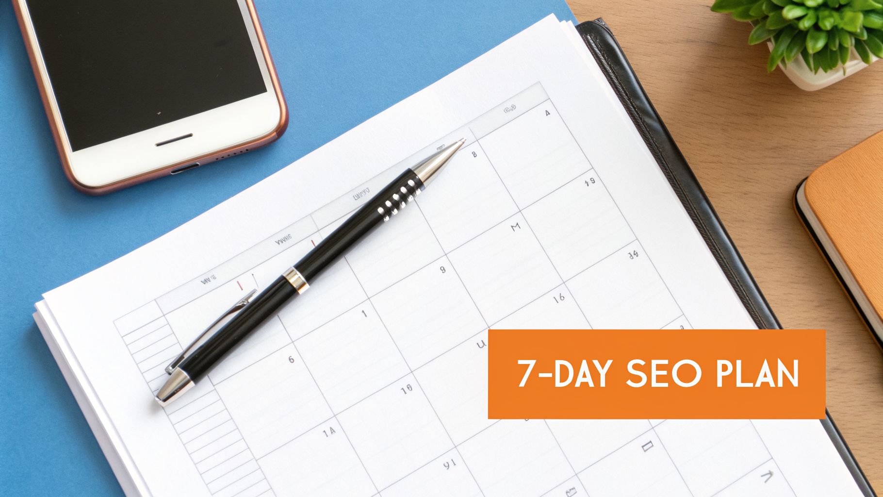 Desk flat lay showing a calendar, pen, smartphone, and a '7-DAY SEO PLAN' overlay.