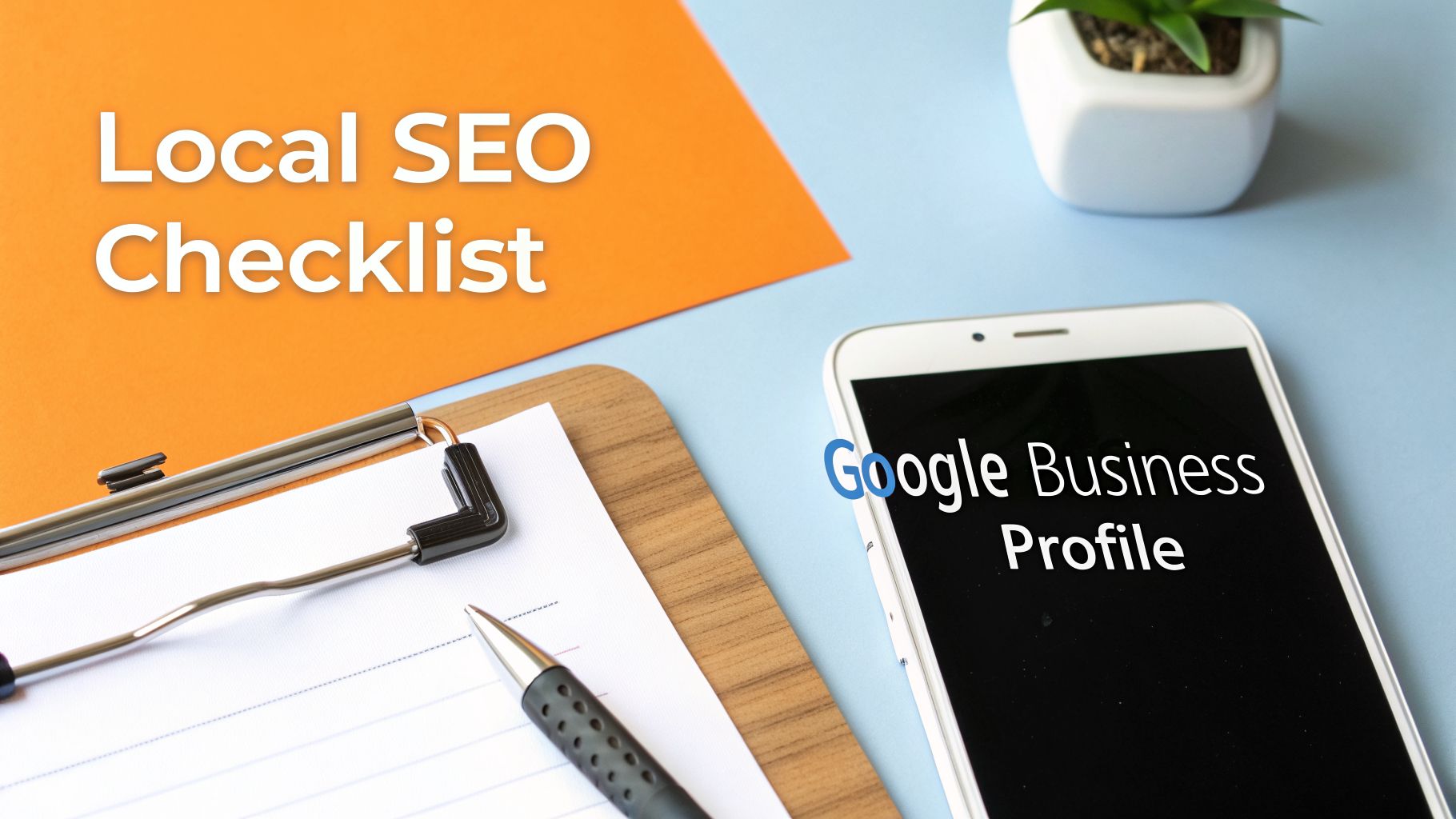 A desk setup featuring a 'Local SEO Checklist' on an orange background, a clipboard with a pen, and a smartphone displaying 'Google Business Profile' on a blue surface.
