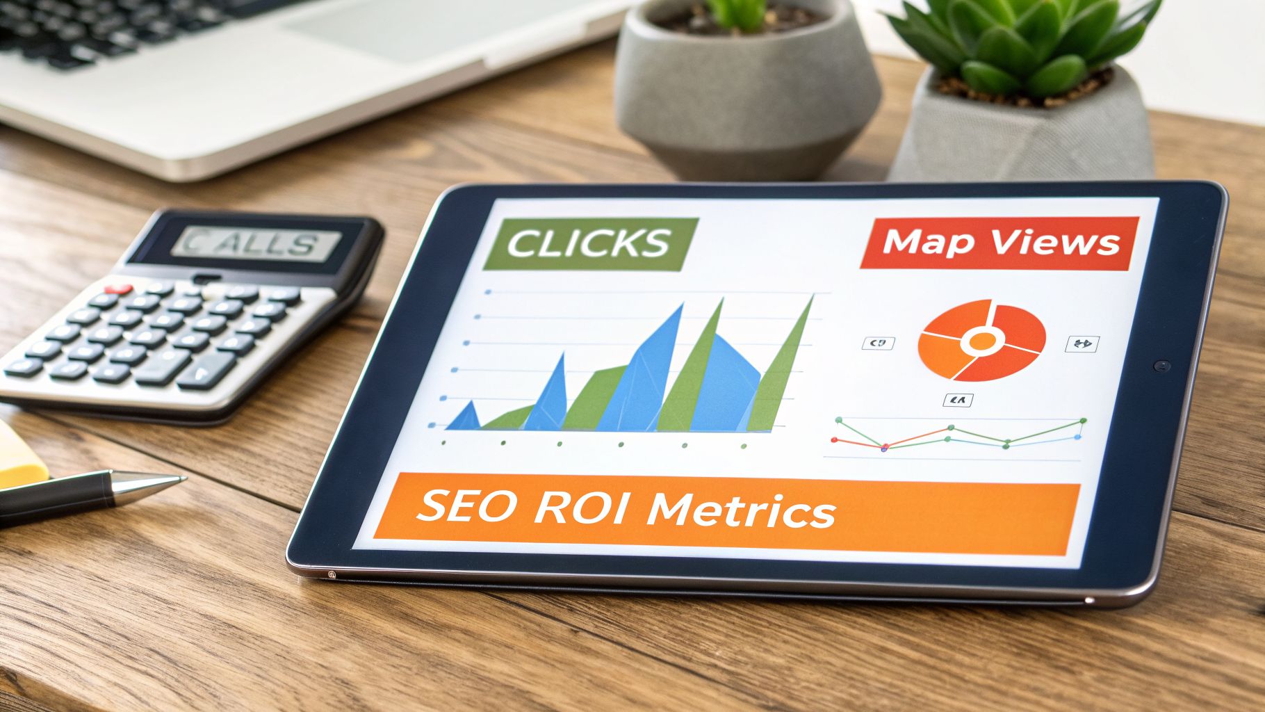 Tablet displaying SEO ROI metrics for clicks and map views, with a calculator showing calls.